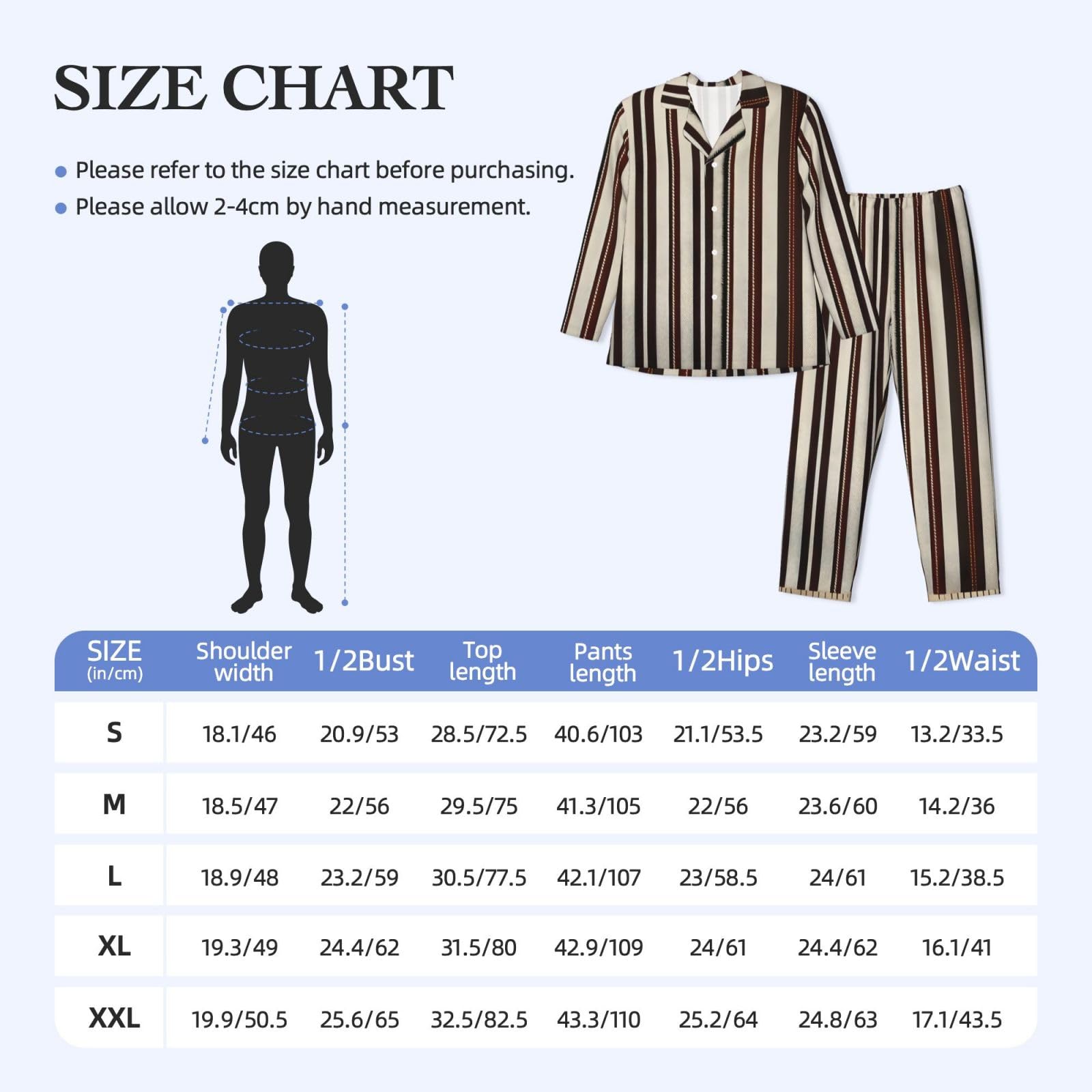 Herren-Pyjama-Set, langärmelig, gestreift, zweiteilig, bequem, Nachtwäsche, Braun