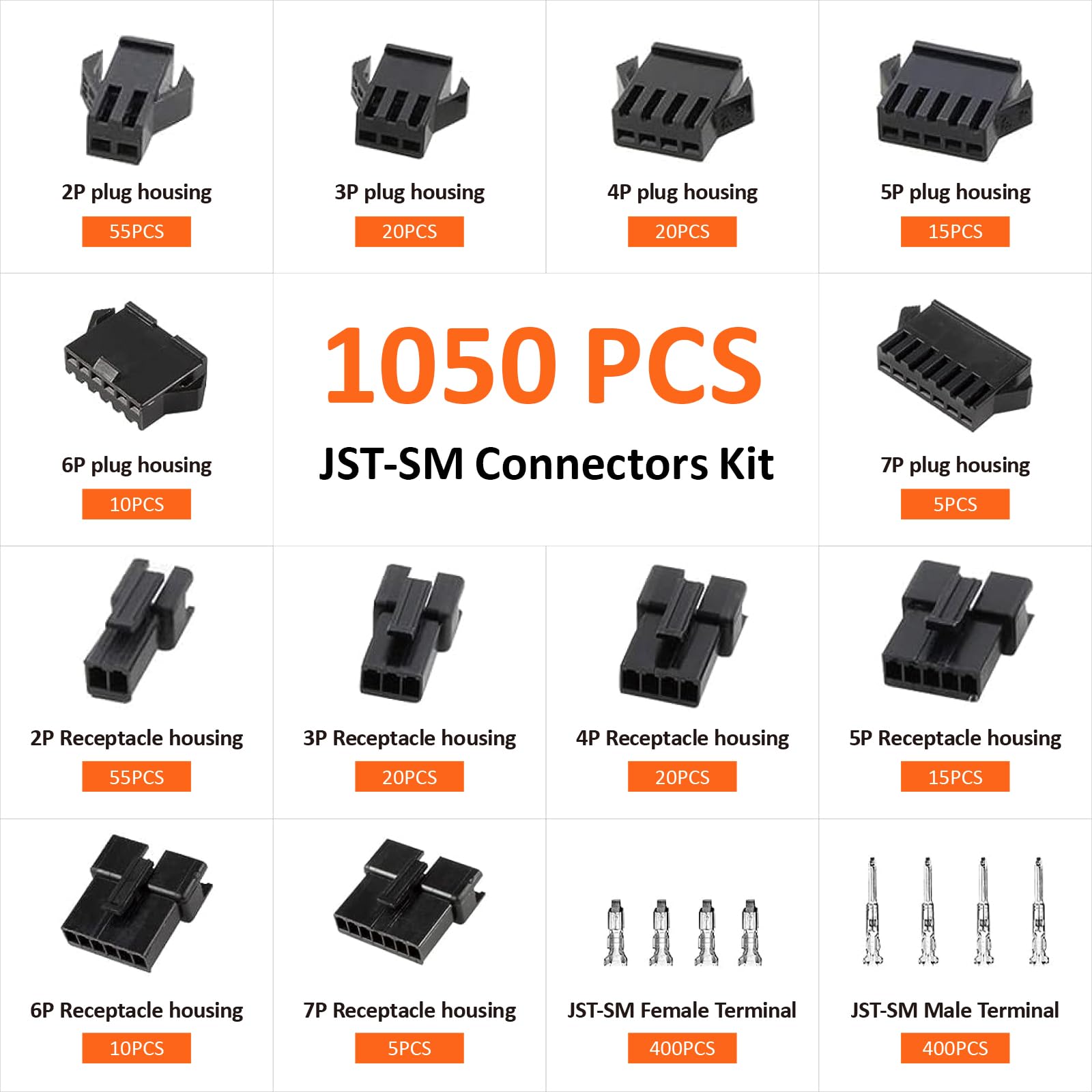 Preciva Kit di connettori per crimpatura, 1050 pezzi, set di connettori JST-SM, AWG28-18/0,08-1 mm², per Dupont, Molex, ATX, JST Series