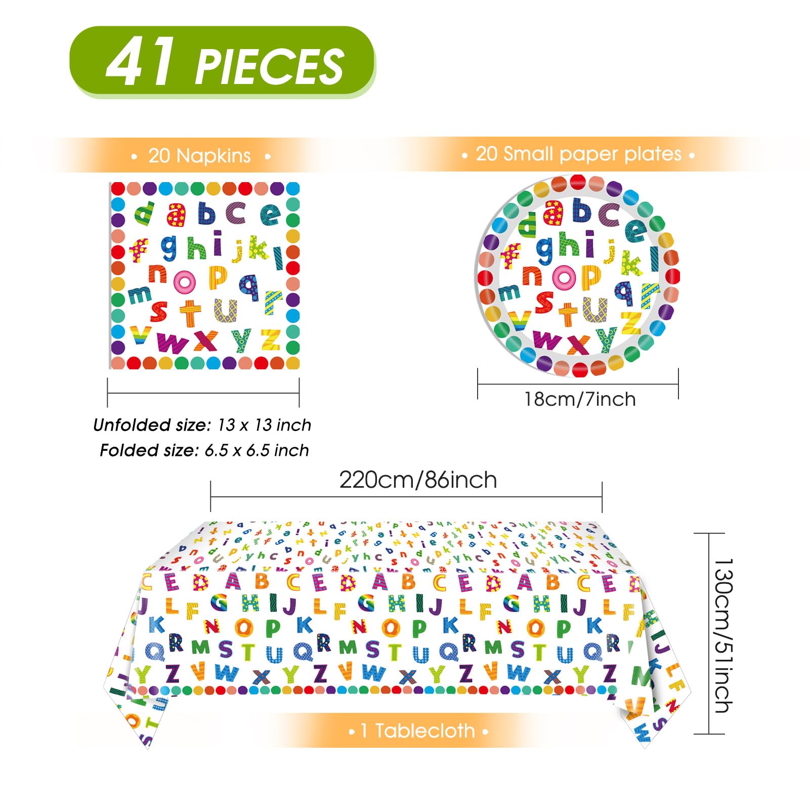 41Pcs Colorful ABC Birthday Party Decorations Alphabet Colorful Party Supplies ABC Rainbow Dots Plates Napkins Tablecloth?Kids Birthday Educations Party Classroom First Day School Party,Serv 20