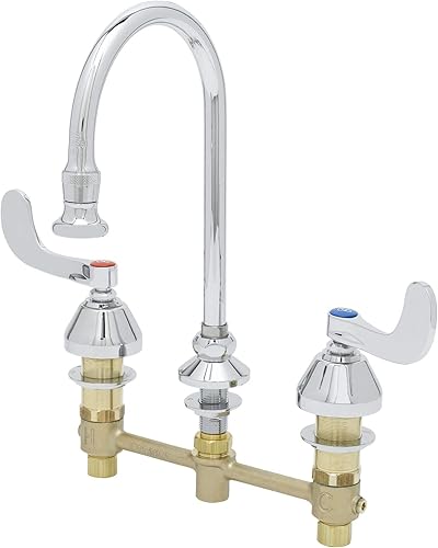 Miniatura 2 de T&S Brass B-2865-04 Montaje en cubierta 8 pulgadas Centros rígido cuello de cisne grifo médico con spray rosa mangos de muñeca de 4 pulgadas