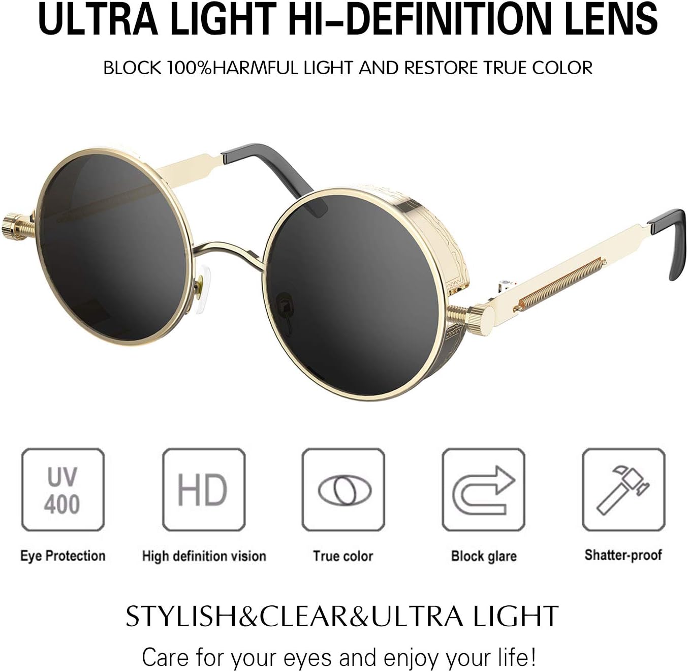 PROUDDEMON Retro Gothic Steampunk Sunglasses for Women Men Round Lens Metal Frame - Image 3