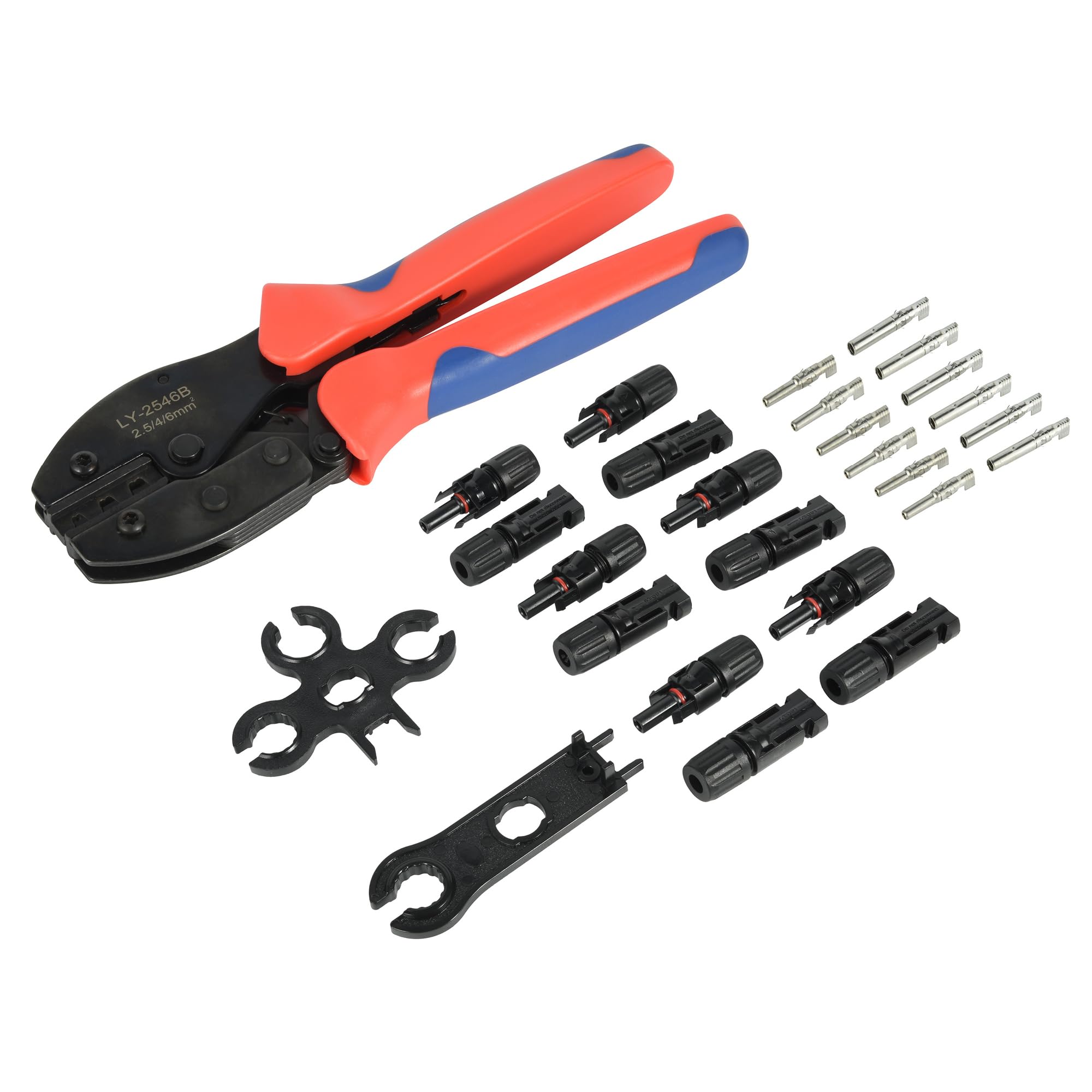 Electraline 59232 Kit pinza e connettori per pannelli fotovoltaici, pinza crimpatrice solare per cavi con sezione 2.5-4-6mm, 6 connettori completi MC4 (mascio+femmina+terminale), 2 chiavi, e borsa zip