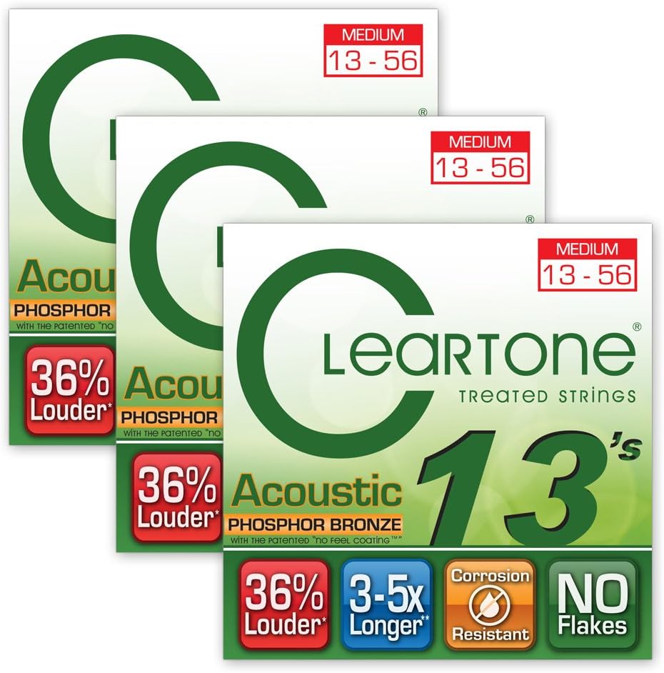 Cleartone 7413 Medium Phosphor Bronze Acoustic Guitar Strings 13-56 3-Pack w/Bonus RIS Picks (x3) 786136074138