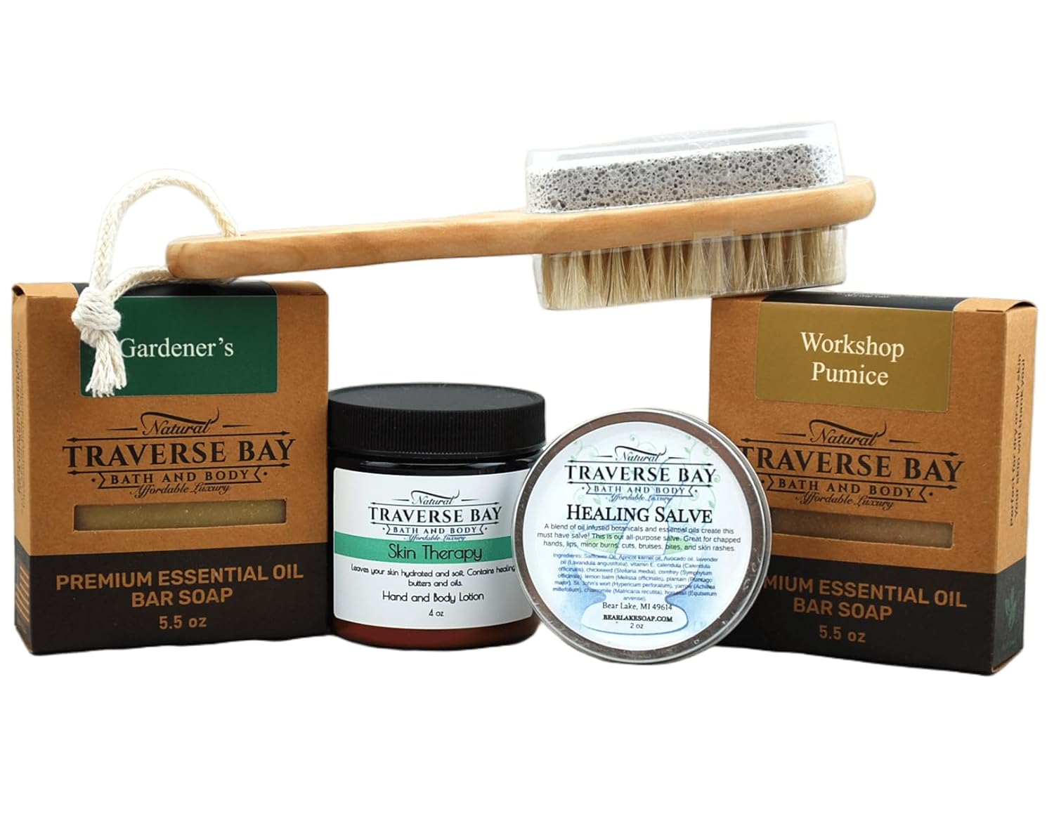 Gardeners Gift Box, Gardeners Soap, Workshop Pumice Soap, Long Handle Pumice Stone and Nail Brush, Hand and Body Lotion, 2 oz Tin Healing Salve. Great Valentines Day Gift!