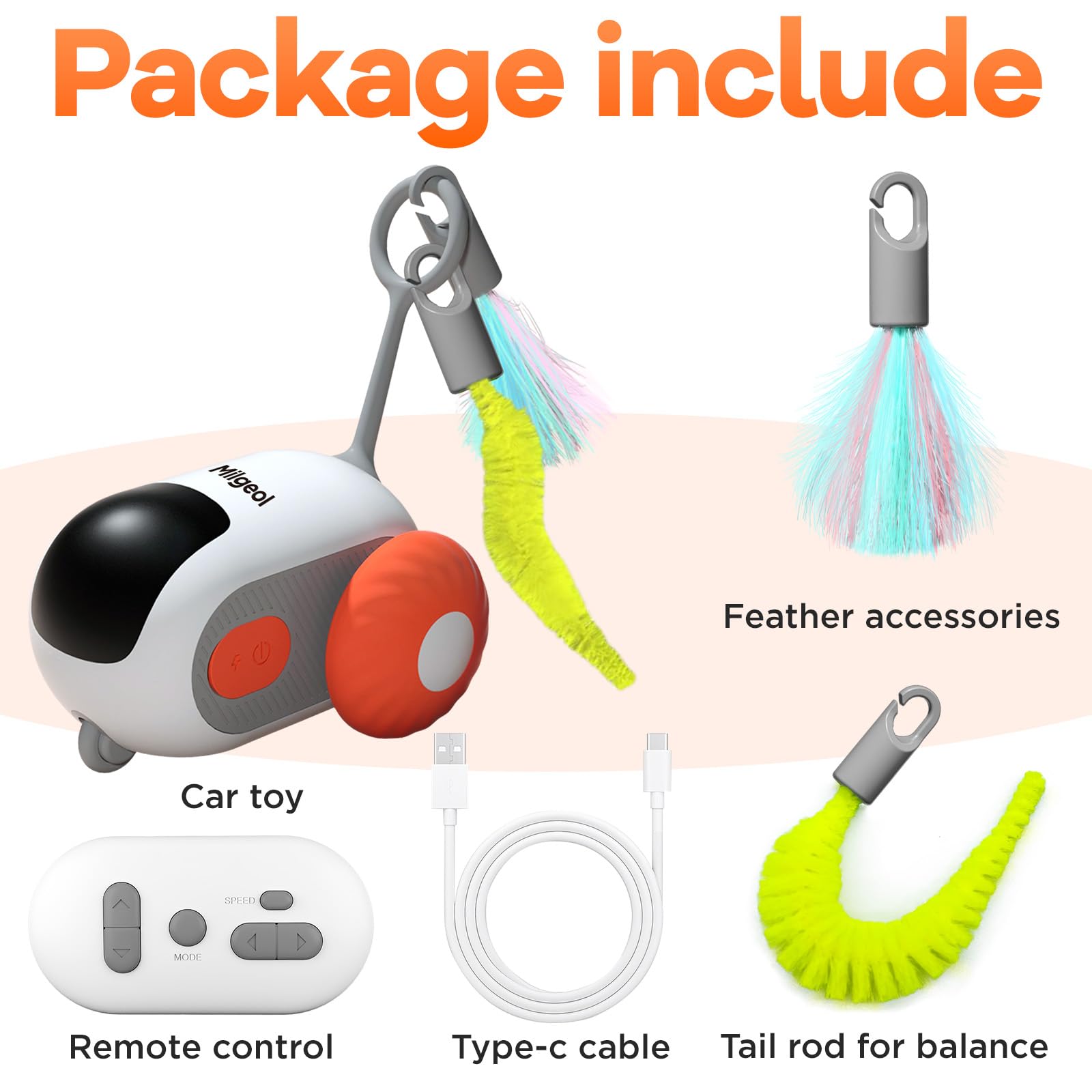 Milgeol Turbo Tail 3.0, Teazys Cat Toy Turbo Tail, Smart Remote Control Electric Interactive Cats Toy, Type-C Rechargeable Turbo Tail Mouse Cat Toy with Feathers (1pc Orange) 1