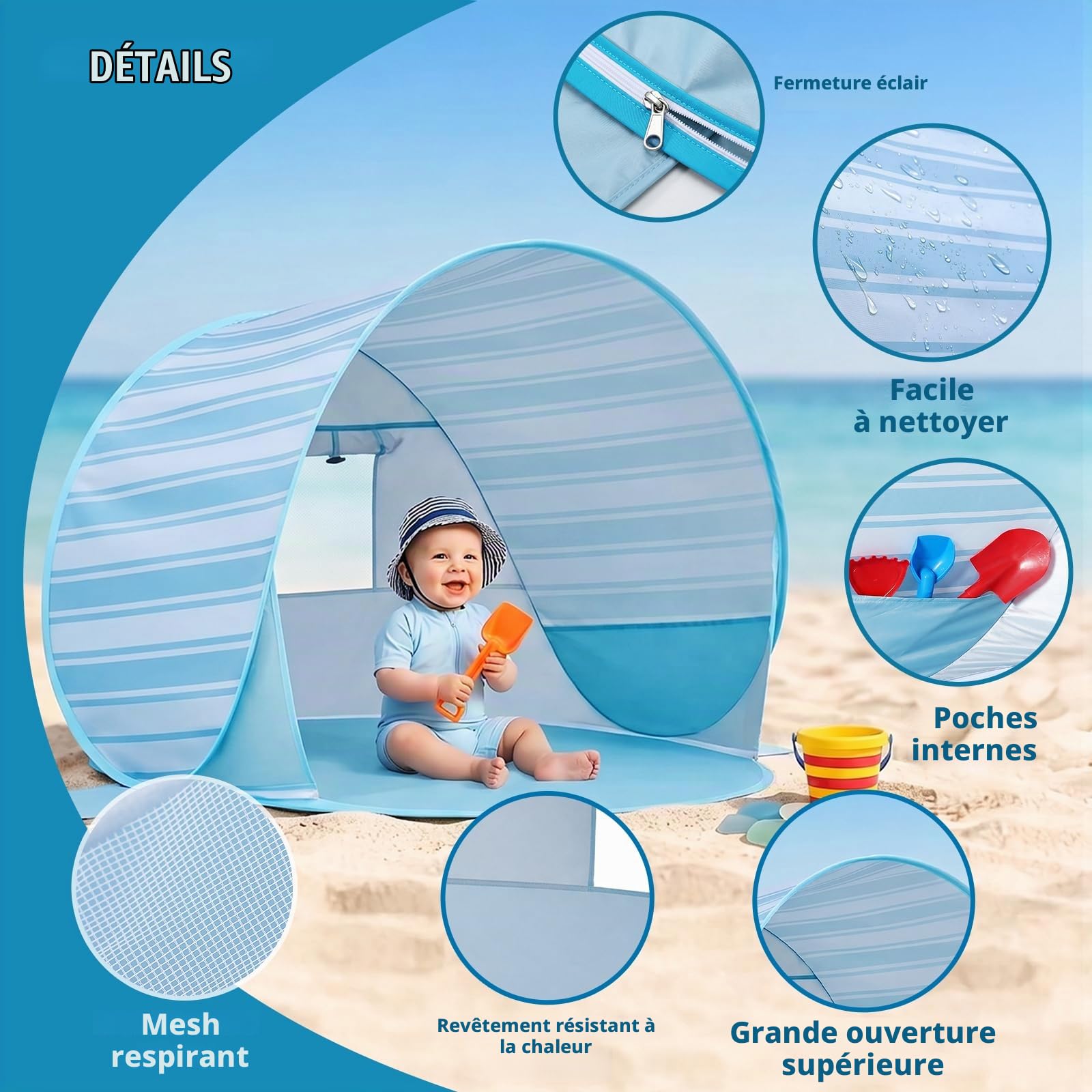Tente de plage pop-up pour bébé : tente de plage Apojungle - Protection UV - Tente légère pour garçons et filles - Protection solaire et coupe-vent - Tente solaire pour extérieur, plage, pique-nique