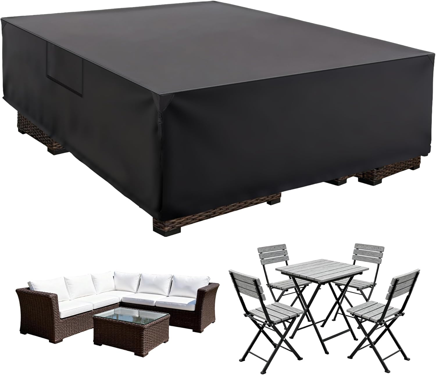 DUMOS Outdoor Furniture Cover, Rectangular Heavy Duty 600D UV Resistant & Waterproof Patio Furniture Covers for Deck Table and Chairs, Backyard Patio Dining Sets, 111"L x 74"W x 28"H, Black