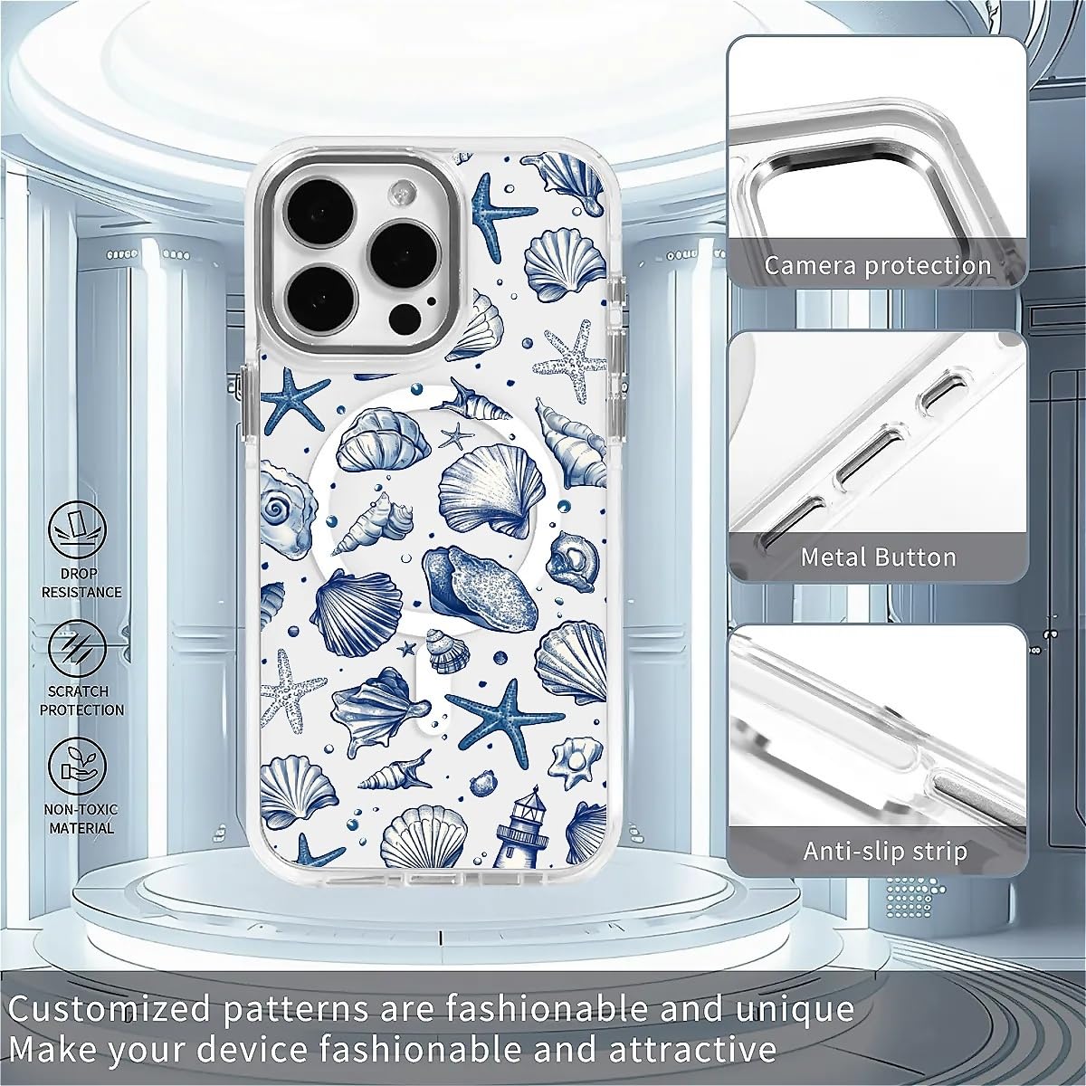 Funda para iPhone 15 [compatible con Magsafe], funda magnética transparente de silicona a prueba de golpes con patrón de concha de estrella de mar de verano