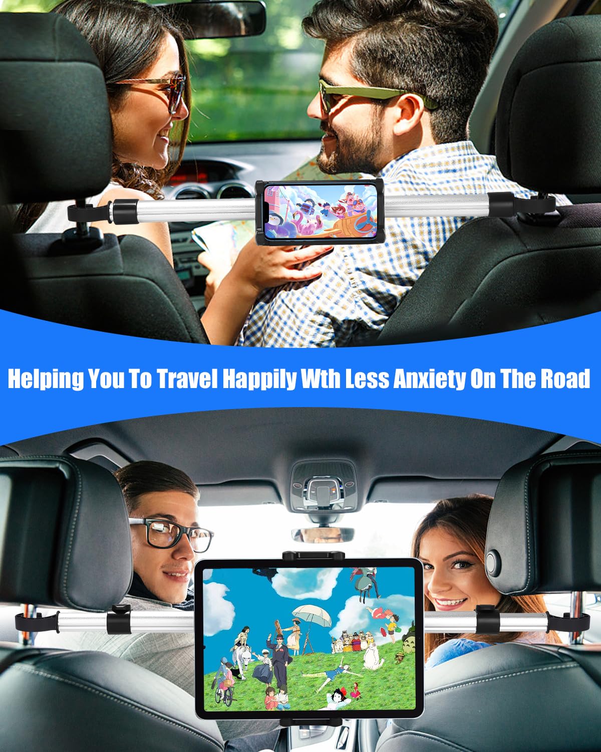 Metallo Porta Tablet da Auto, Supporto Tablet Auto Poggiatesta con 4 ganci di seduta, Universale Porta Tablet Auto Posteriore con Asta Telescopica per 4,7-12,9" iPad Pro Mini, Switch, Cellulare