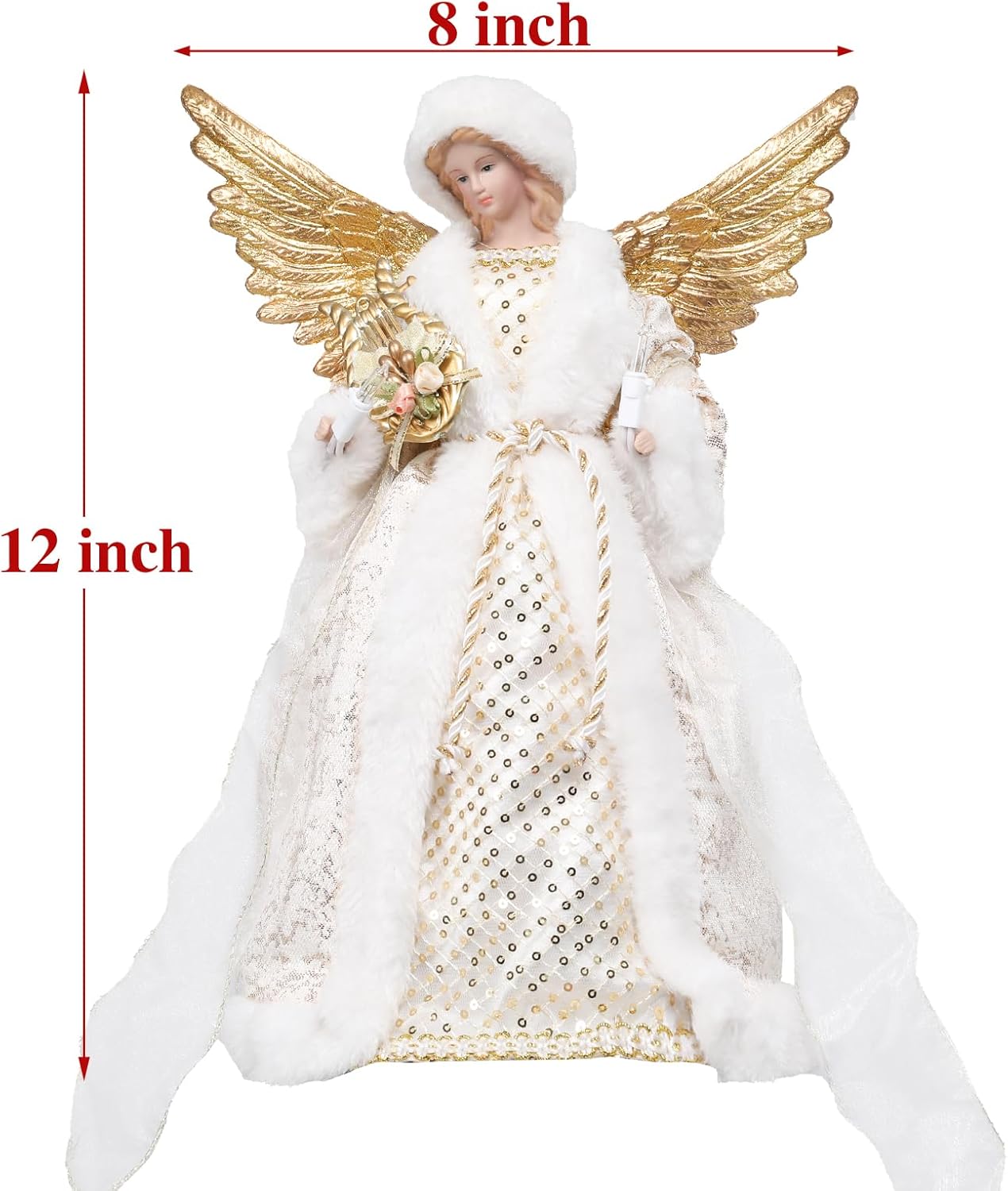 MUMTOP Lighted Christmas Angel Tree Topper, 12 Inch Luxury Gold White Fabric Angel Tree Top Figurine with Lyre for Christmas Tree Decoration Indoor