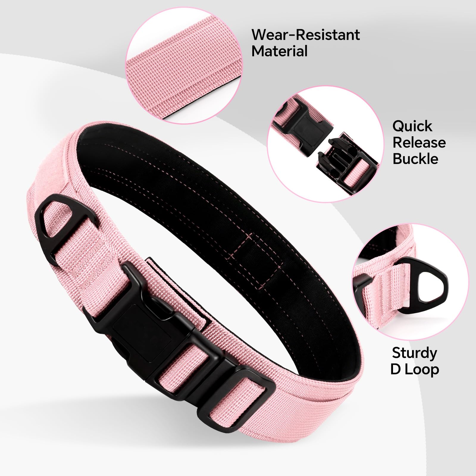 Collare per cani tattico resistente, anello a D in metallo, regolabile, resistente, con fibbia a sgancio rapido, per cani di taglia media e grande (rosa, M: 15-17)