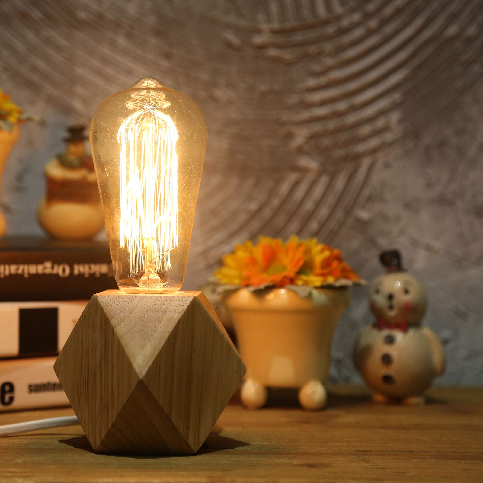 2 uds.Lámpara de mesa pequeña Lámpara de noche con base de madera de diamante junto a la lámpara, E27 60W Perfecta para dormitorio, salón u oficina (sin bombilla)