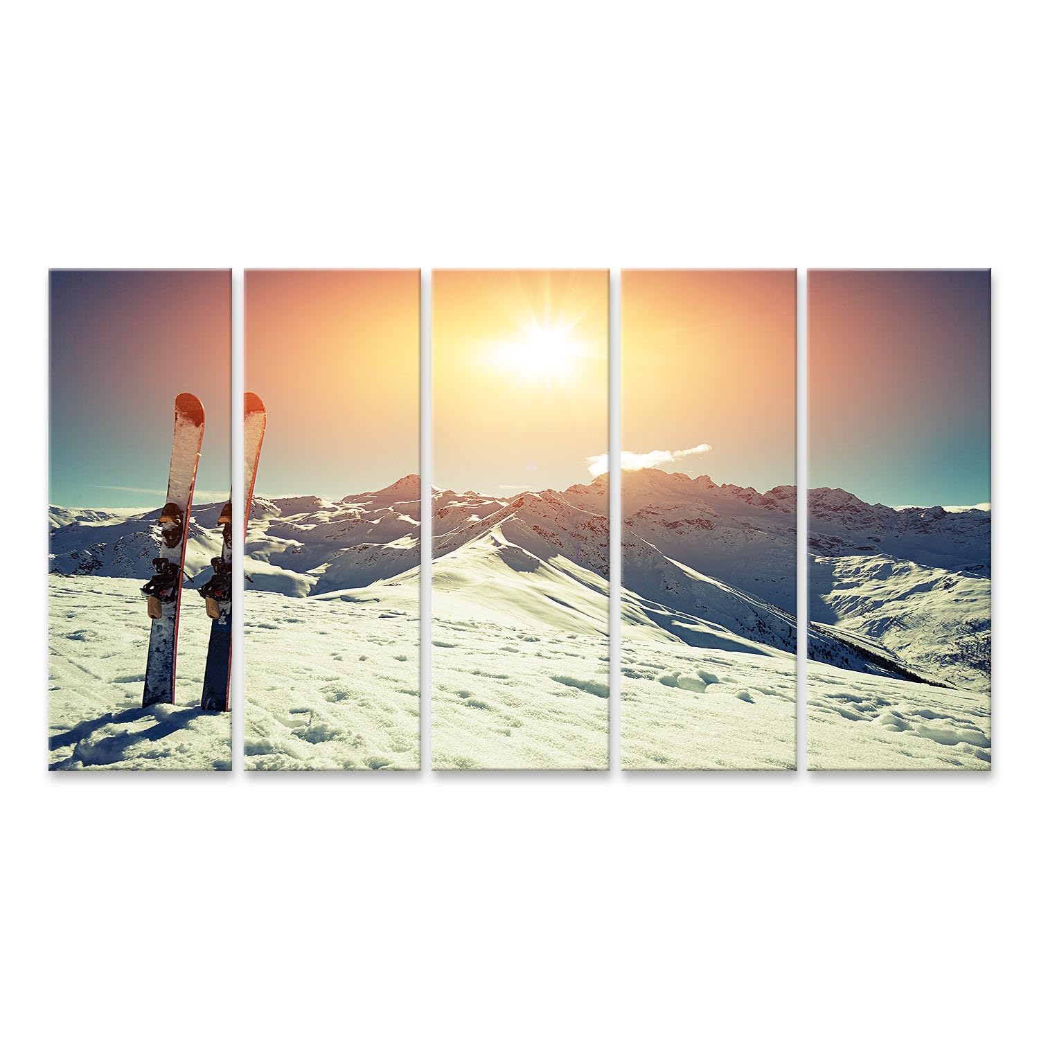 islandburner Bild auf Leinwand Zwei Skier im Schnee vor sonnigem Alpenpanorama Bilder Wandbilder Poster