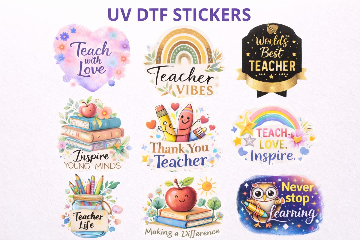 UV DTF Cup Wrap Transfer Stickers, Teacher Theme, 2.5x2.5 Inch, Waterproof Decals for Mugs, Water Bottles, Laptops, Pack of 9