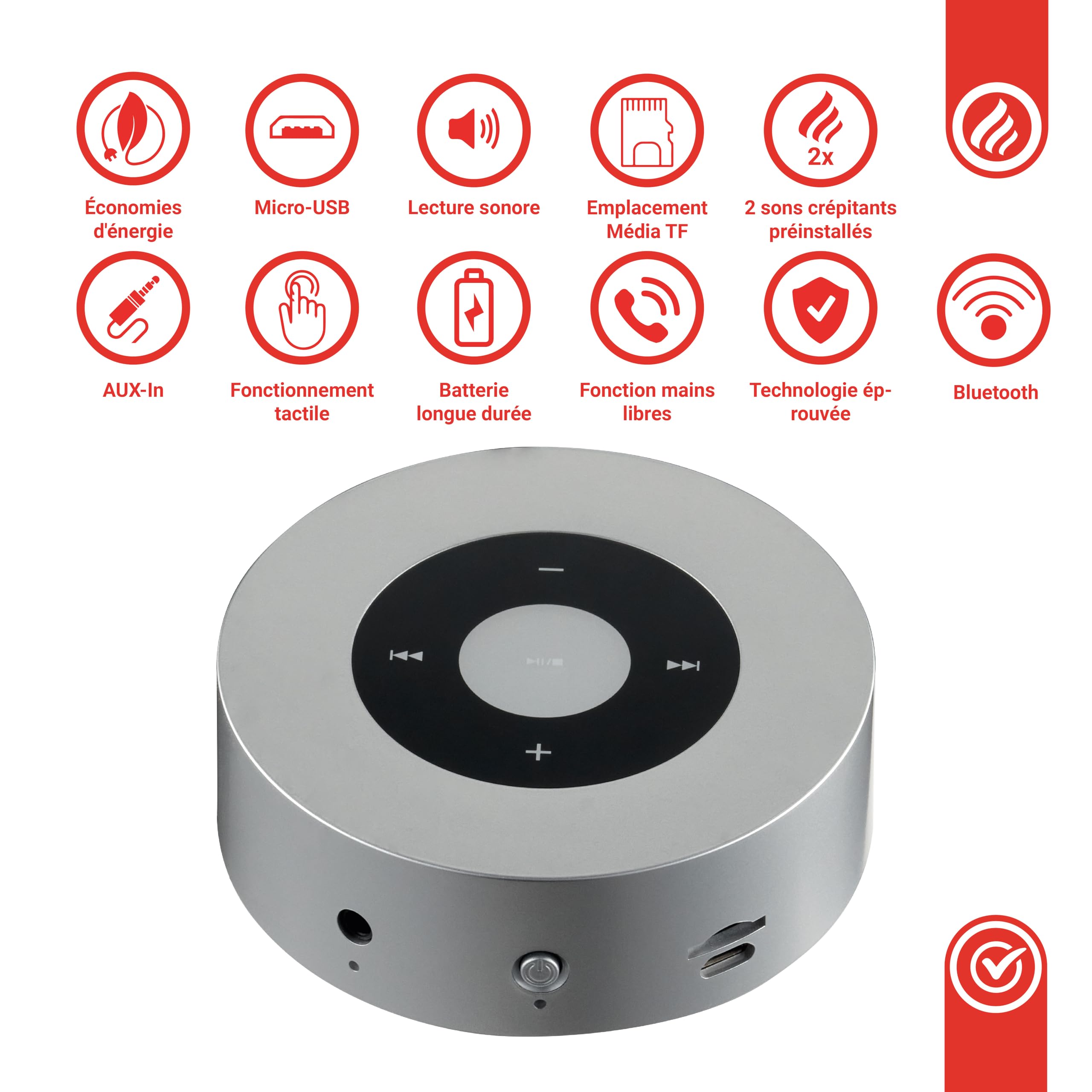 KAMINIO Haut-Parleur crépitant Moritz - Puissante Enceinte avec Sons de feu de cheminée, Bluetooth, AUX, Microphone, Batterie - Argent