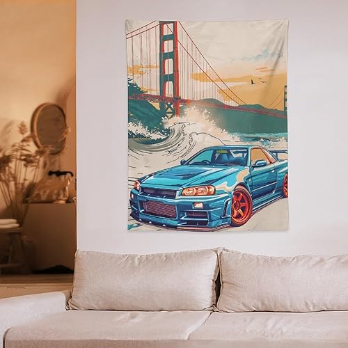Miniatura 6 de QEOPGNE Tapiz grande para colgar en la pared, diseño de puente de puerta dorada, grandes olas, japonés, retro, Jdm, auto, R34, tapiz para
