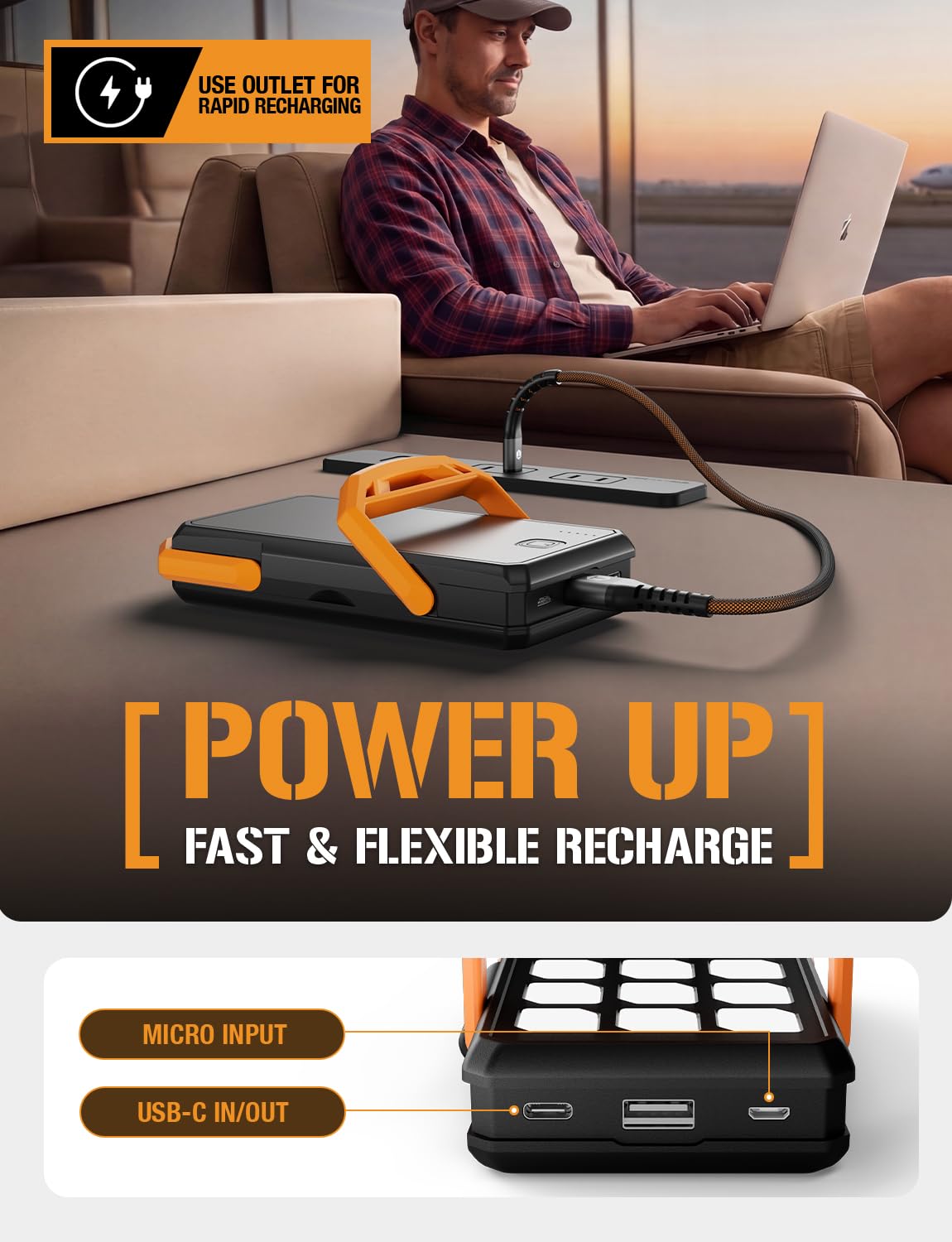 ToughTested Cargador portátil de energía solar dual de 10.000 mAh, batería externa IP65 impermeable y linterna LED de 18