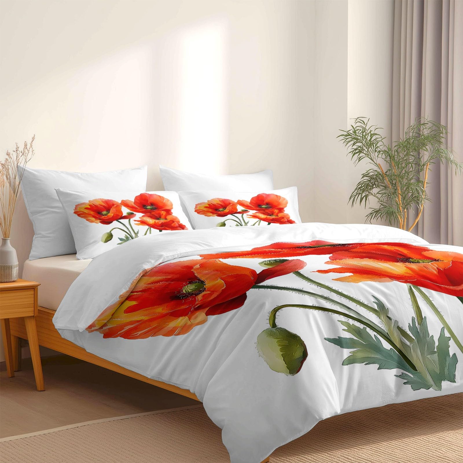 Generisch Romantische Blumen 3-teiliges Bettwäsche-Set, 1 Bettbezug 180 x 200 cm und 2 Kissenbezüge 80 x 80 cm, Bunter Medienstrauß,Mikrofaser, wendbar, modern, Teenager, Weiß