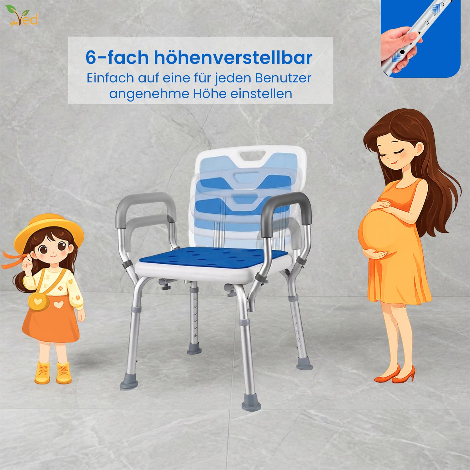VED Duschstuhl | 6-Fach höhenverstellbare Duschbank | Inklusive gepolsterter Armlehne | rutschfeste Füße | Badewannenhocker für Senioren, Behinderte und Schwangere,(330 lb Capacity 43D x 12W x 50.6H)