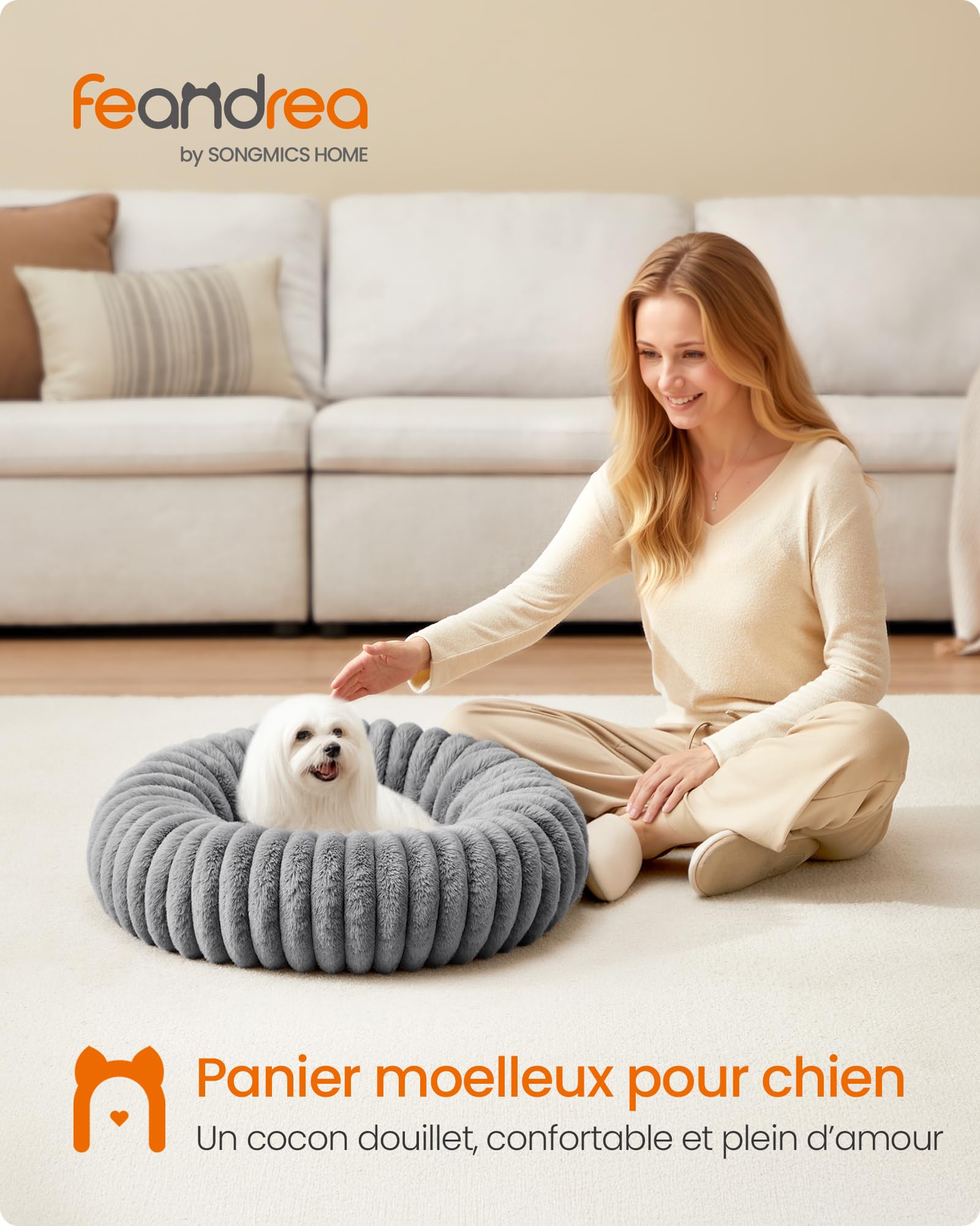 Feandrea Panier pour Chien, Panier pour Chat de Taille Moyenne, 60 cm de Diamètre, Coussin Chien Lavable, Rembourrage Doux, Antidérapant, Gris Tourterelle PGW302GD01