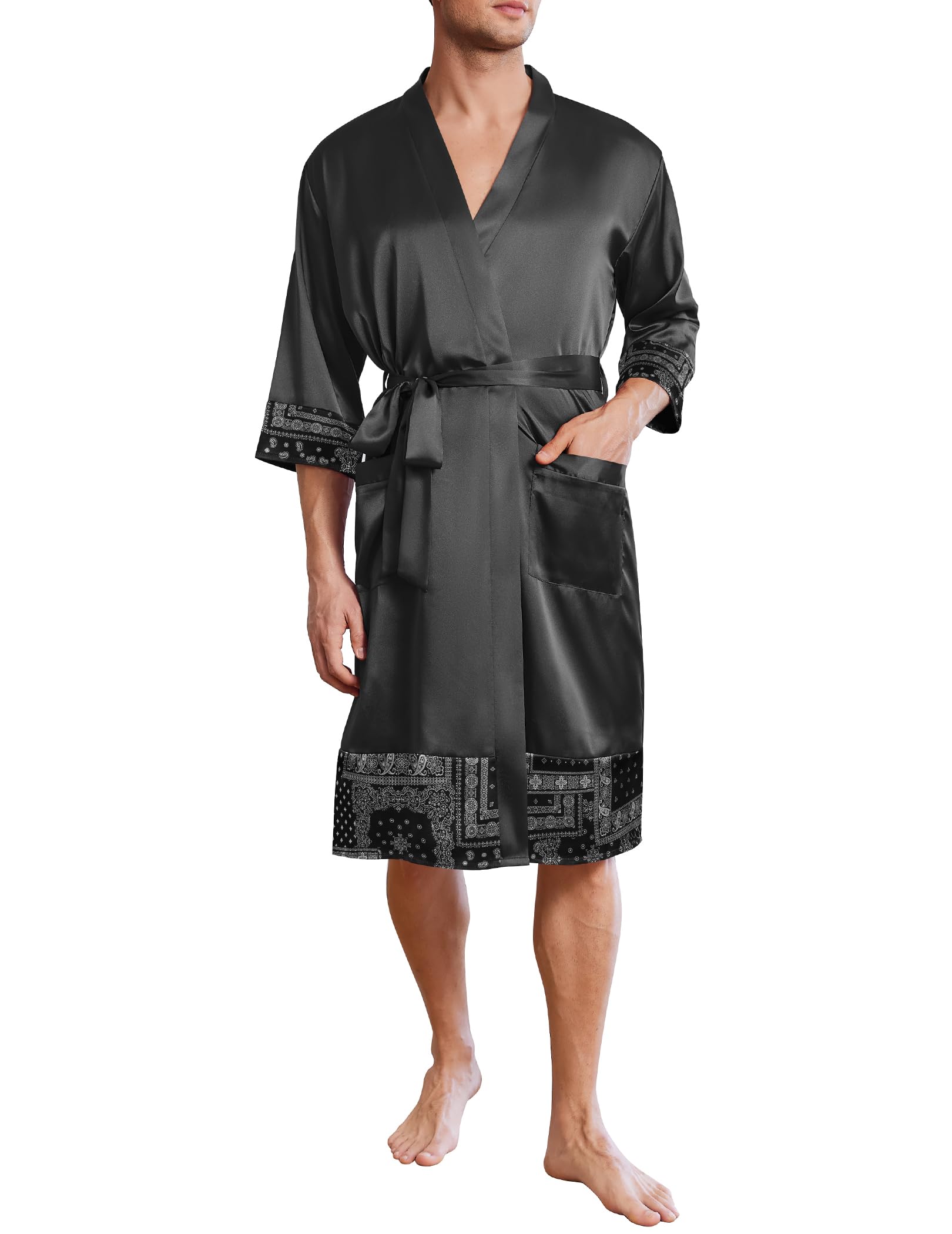 Ekouaer Mens Satin Robe Lightweight Silky Kimono Bathrobe 3 4 Sleeve Spa Knee Length Loungewear with Pockets S-3XL