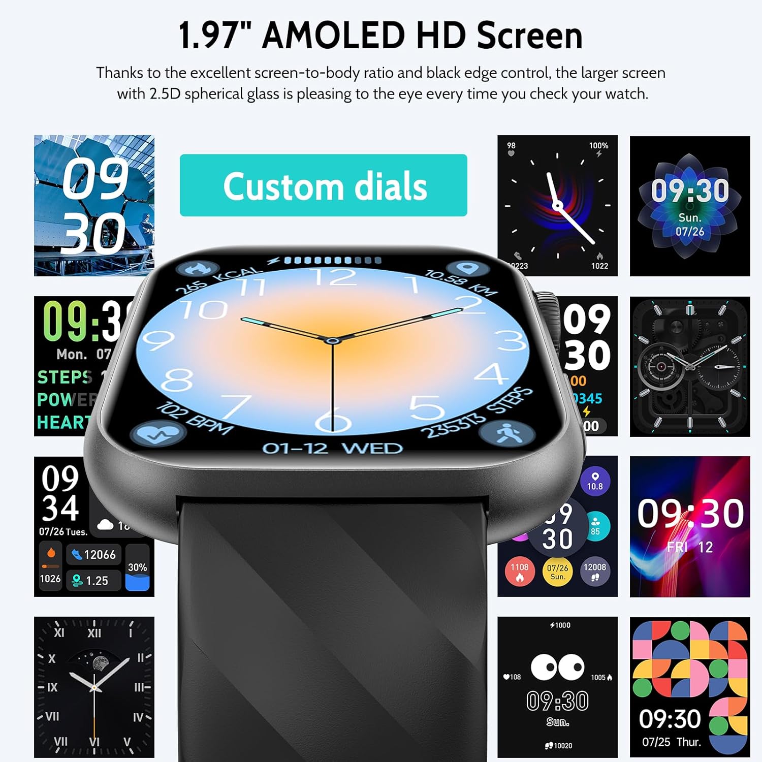 Infographic showing various health monitoring features of the smartwatch, including SOS function