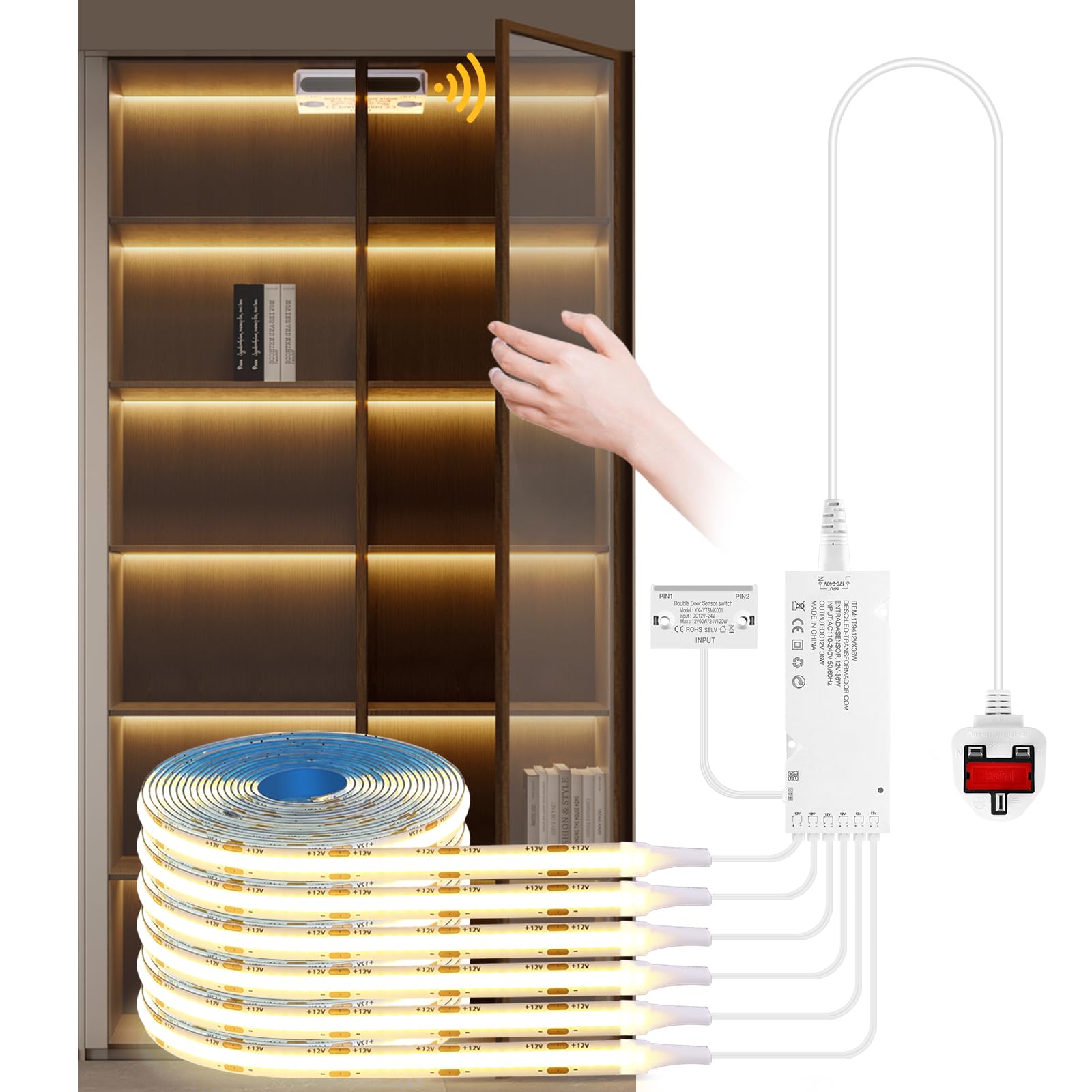 CHNMALITAI 12V Under Cabinet COB LED Strip,6 Roll 2M Warm White Led Strip Light with Open Door Motion Control Sensor Kit for Cabinet Showcase Kitchen Lighting