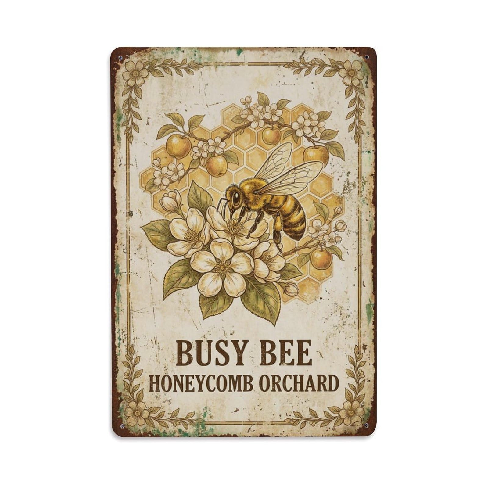 Busy Bee Honeycomb Orchard Pollinator Metal Tin Sign