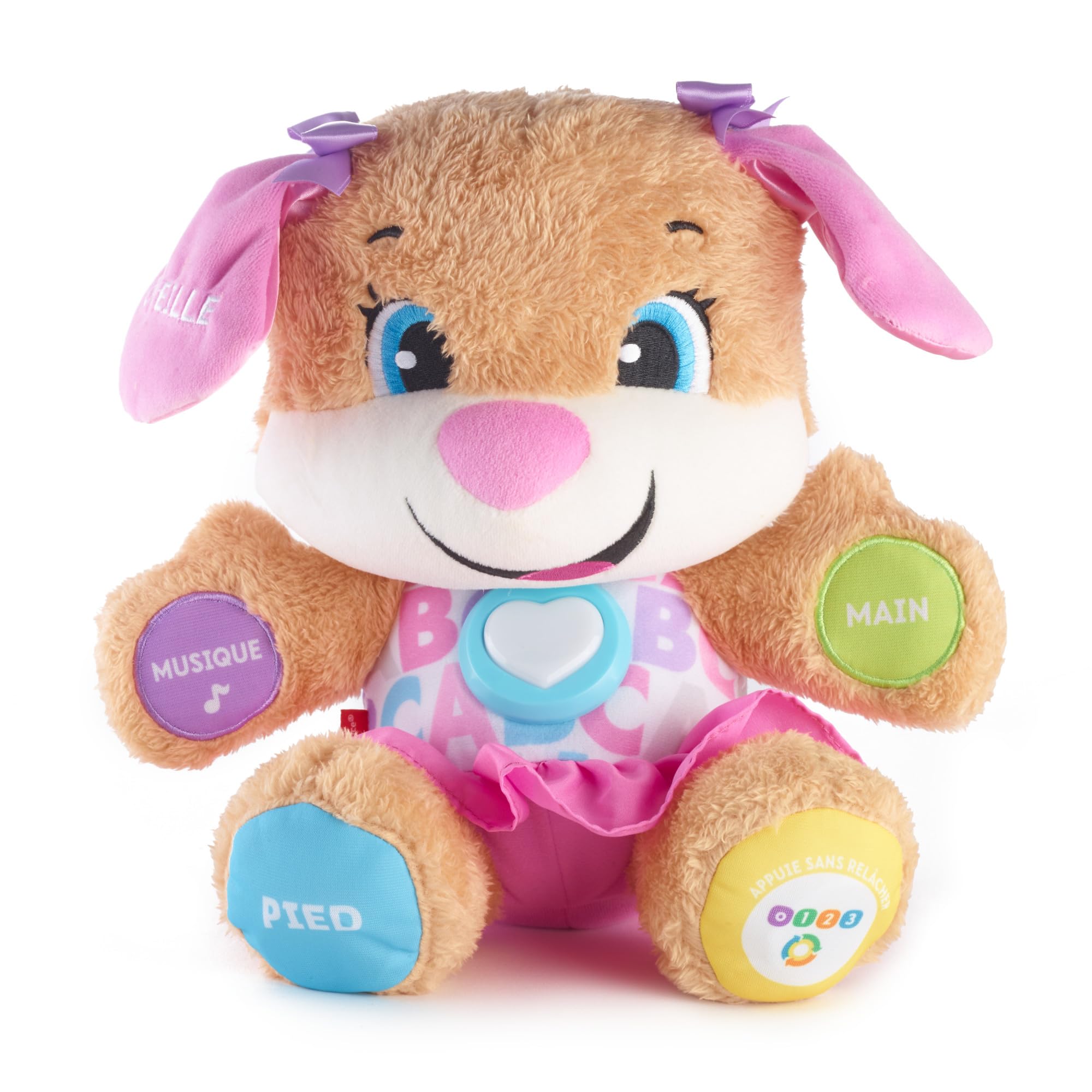 Fisher-Price Peluche Interactive Eveil Progressif Sœur de Puppy, 50+ Chansons, 3 Niveaux, Version Française, 6 Mois+, FPP52