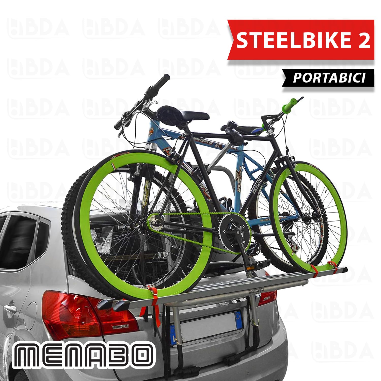 Portabici posteriore per auto da 2 bike Menabò modello STEELBIKE 2 in acciaio per FIAT Panda II (169) 5P. dal 2003 al 2012