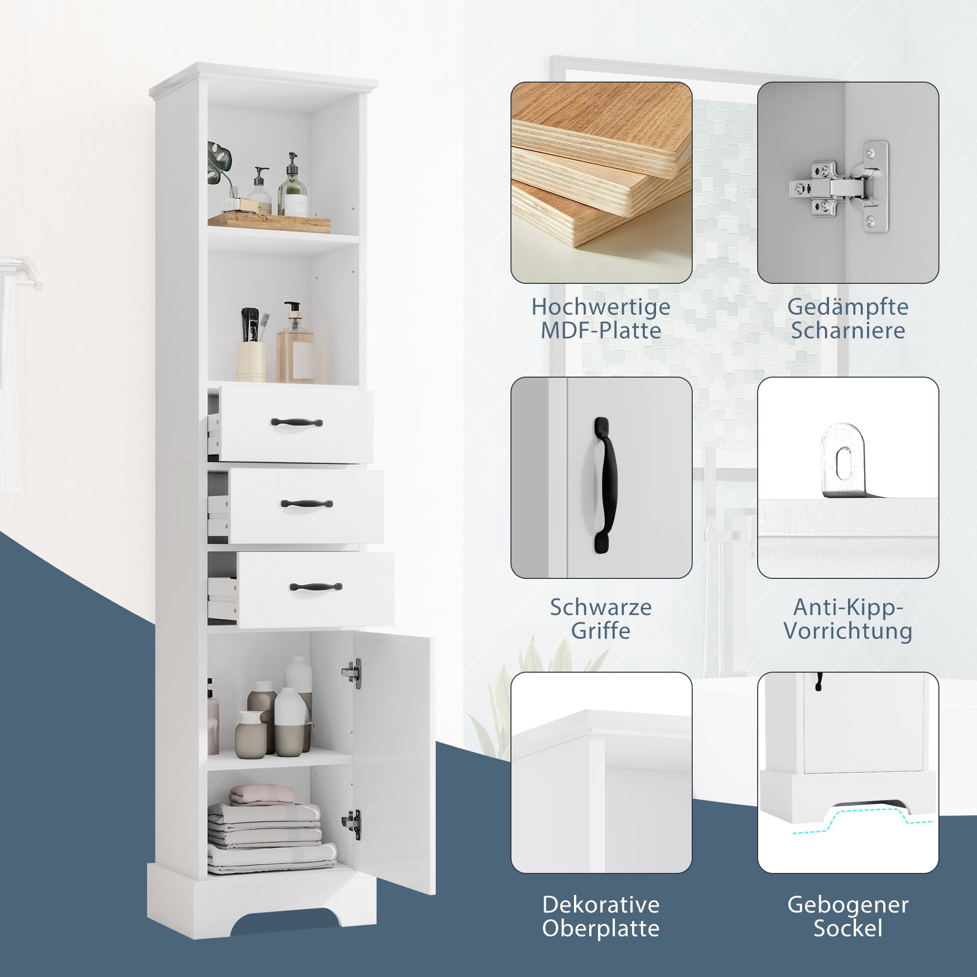 Armario alto de pie para el baño, lacado con compartimentos abiertos y cajones, armario lateral sobre pies altos como sistema de organización para el cuarto de baño que ahorra espacio