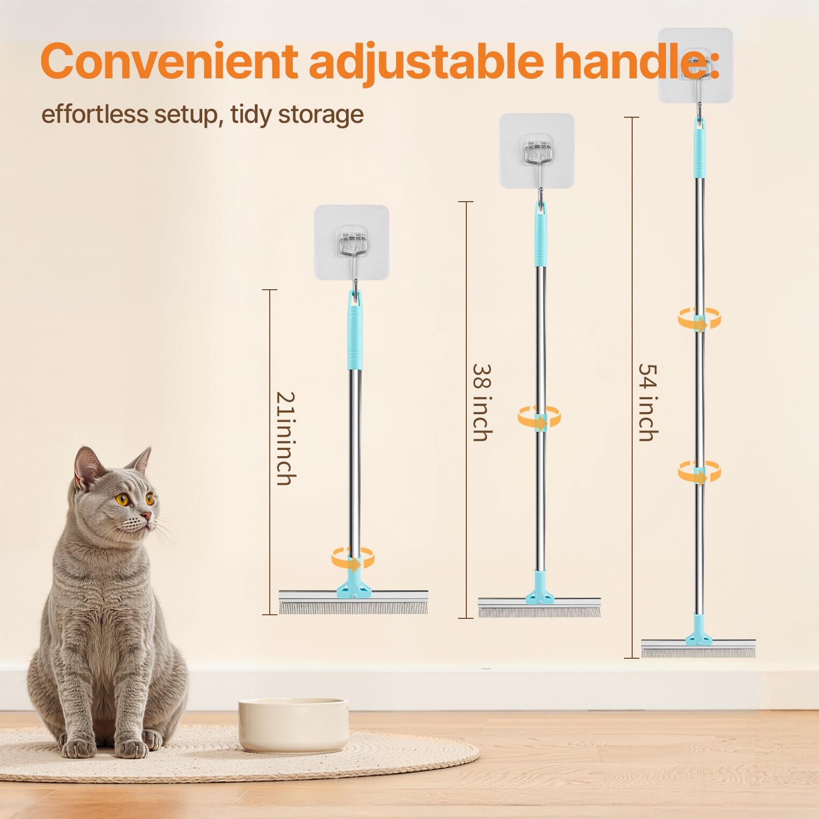 Râteau à tapis 2 en 1 pour l'épilation des poils d'animaux de compagnie, réutilisable, 137,2 cm, long manche réglable, râteau à tapis pour chat et chien, brosse à poils pour tapis, tapis, canapé