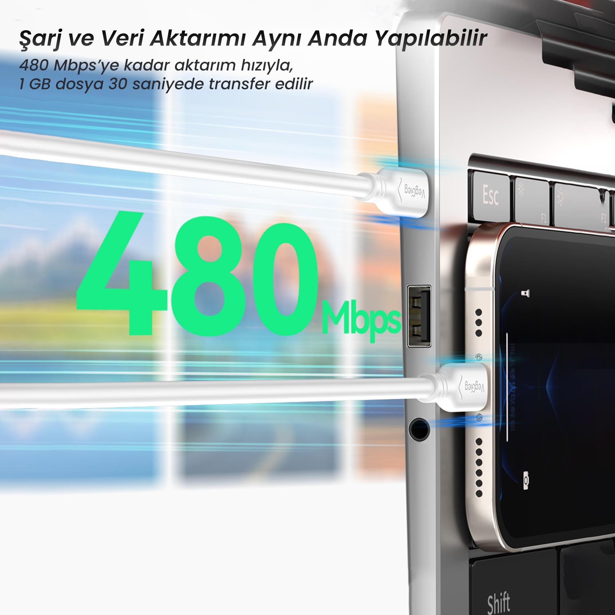 VegGieg 27W Type-C to Lightning iPhone iPad ile Uyumlu PD Hızlı Şarj ve Data Kablosu 1.2 Metre