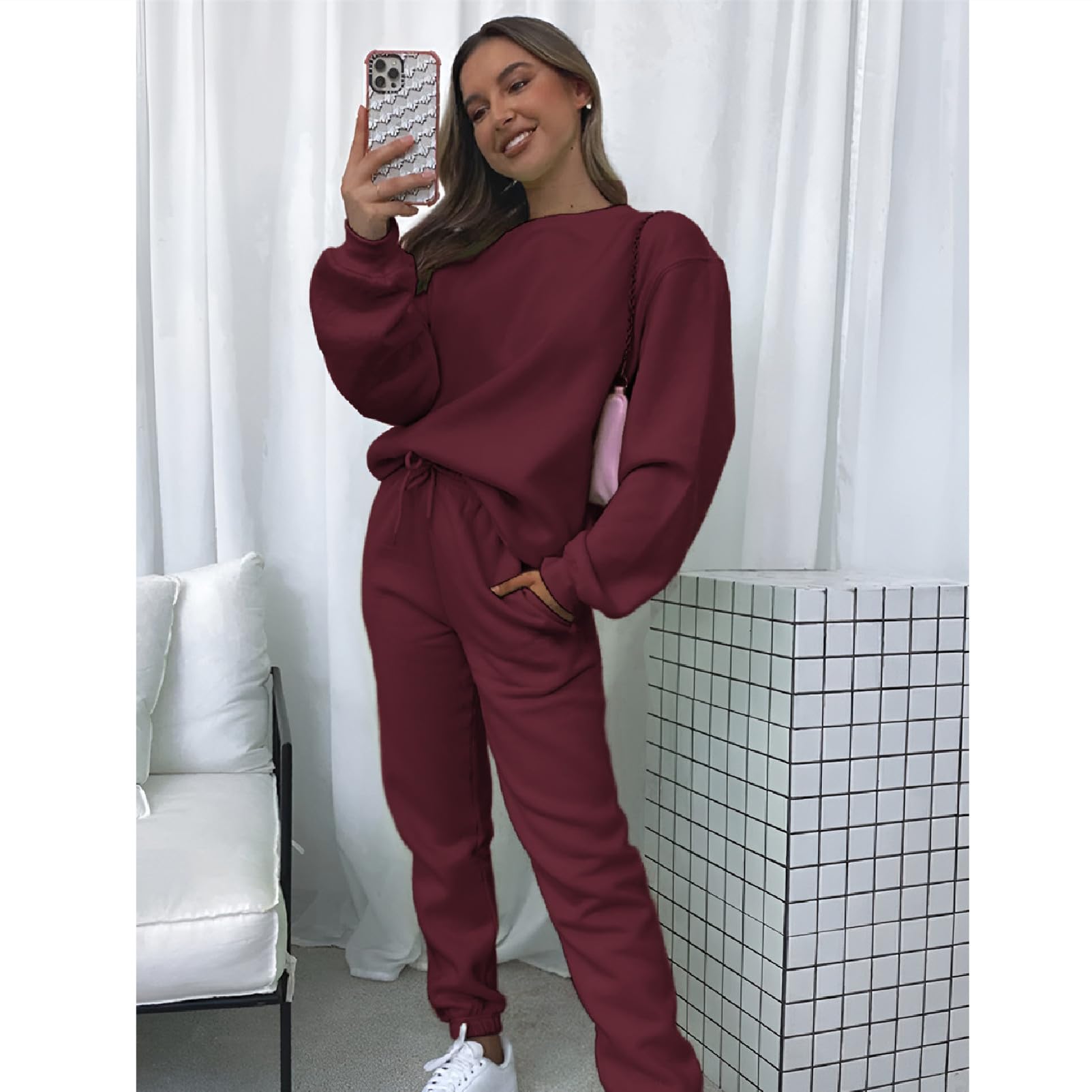 amropi Survêtement Femme Ensemble doublée de Fourrure Sweat à Pullover et Pantalon Jogging