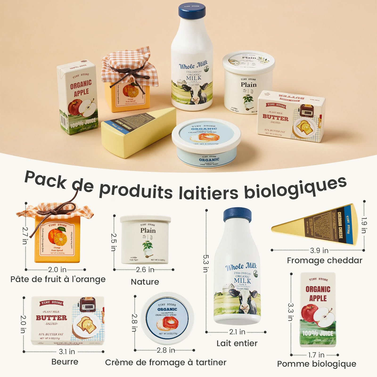 Tiny Land Dinette en Bois - Set de 7 Aliments Jouet avec Lait Jus Fromage | Kit Accessoire Cuisine Enfant, Jeu d'Imitation Montessori, Cadeau pour Fille et Garçon 2 Ans+