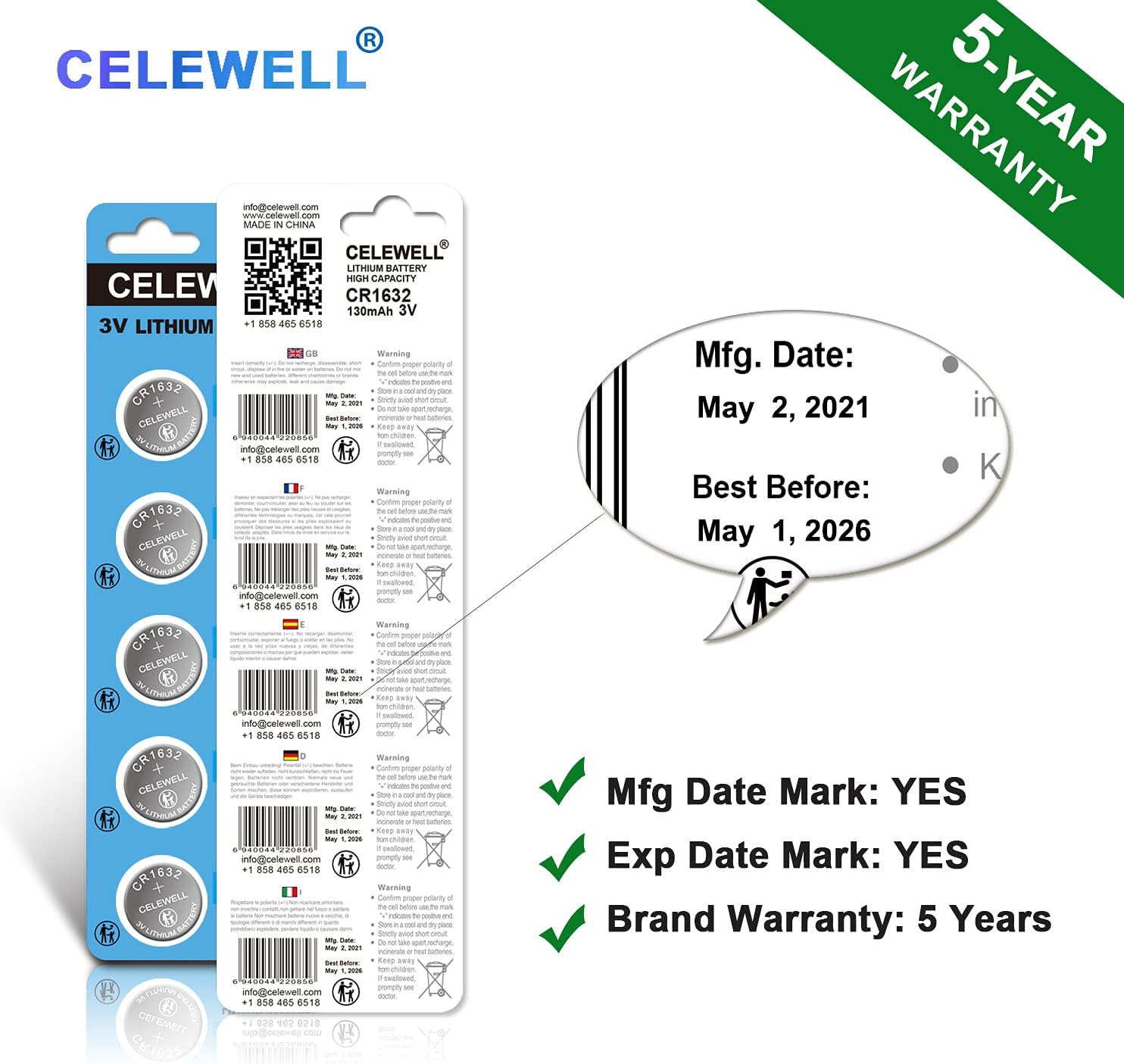 【5-Year Warranty】 CELEWELL CR1632 Battery Lithium 3v for Garmin Vivofit Jr Key Fob Replacement (5 Pack) : Electronics
