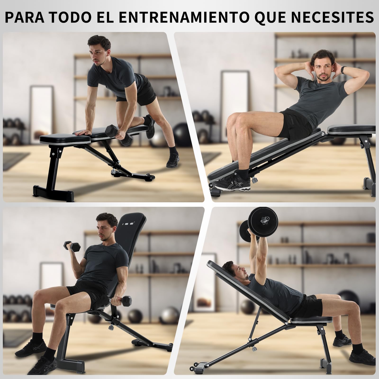ISE Banco de Pesas Musculación Ajustable Plegable Multifuncional Inclinable Reclinable, Banco de Peso Plano Declinado Inclinado Abdominales para Fitness Entrenamiento Profesional con Respaldo