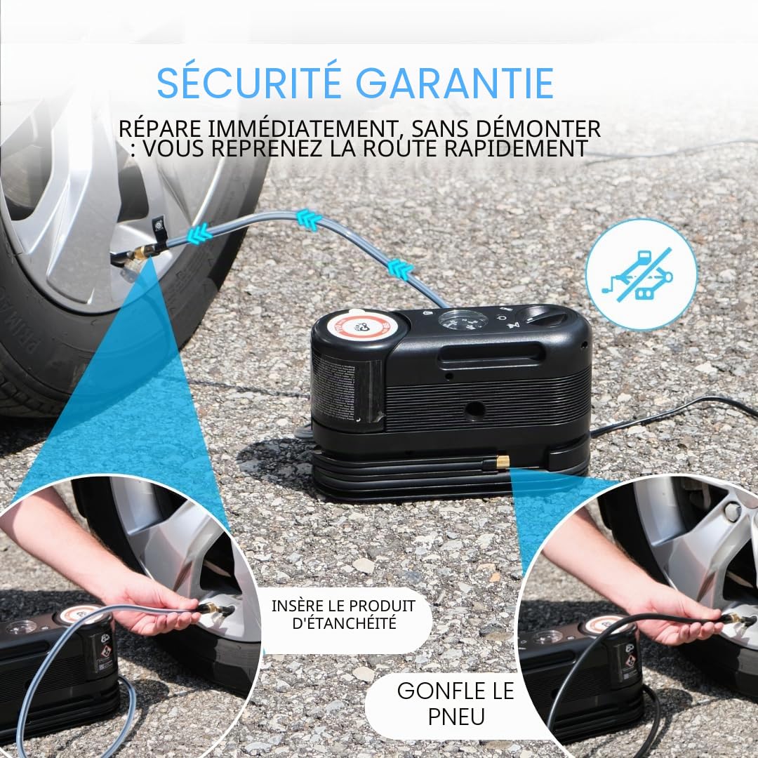 Fix&Go Sensor - Kit de réparation de pneus de voiture avec compresseur d'air portable 12 V - Système de contrôle électronique du mastic - Compatible TPMS - Pour voitures, SUV et véhicules électriques