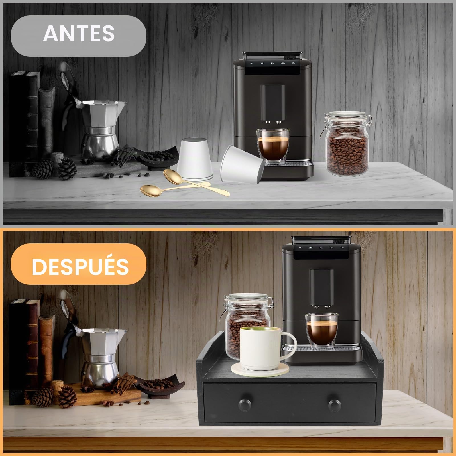 Organizador para bar de café, estación de trabajo, soporte para cápsulas con cajón para cápsulas de café, soporte para cafetera, accesorios de cocina, para café y oficina
