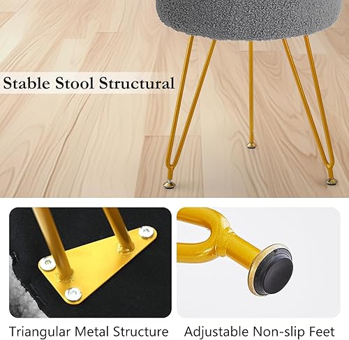 Miniatura 5 de Taburete de tocador de piel sintética, taburete de maquillaje otomano peludo, taburete redondo tapizado con 4 patas de metal y pies ajustables para