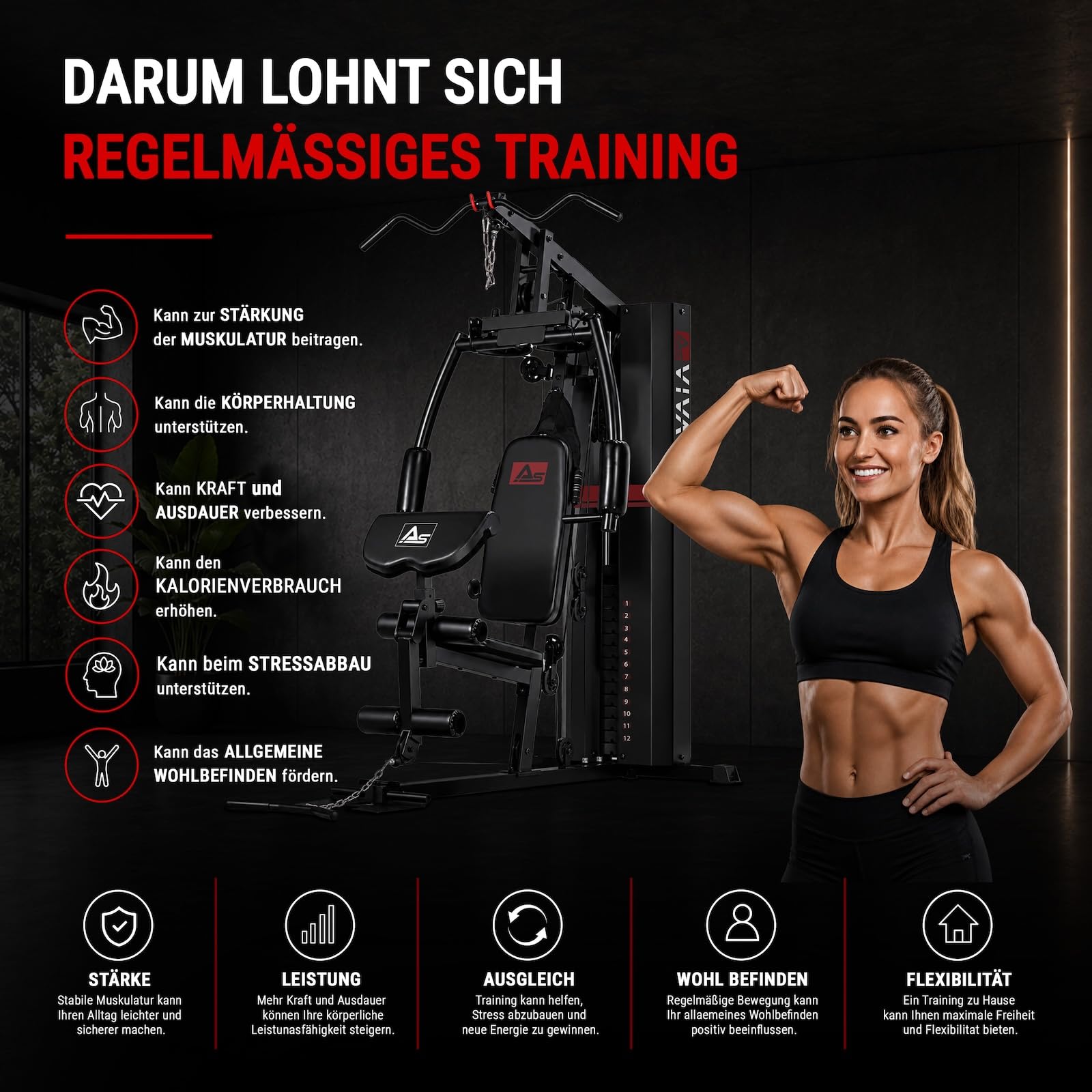 AsVIVA MG5 Pro Kraftstation – Home Gym Multigym mit 73 kg Gewichtsblock, Kabelzugstation, Latzugstation, Butterfly, Beintraining, Ganzkörpertrainer bis 130 kg
