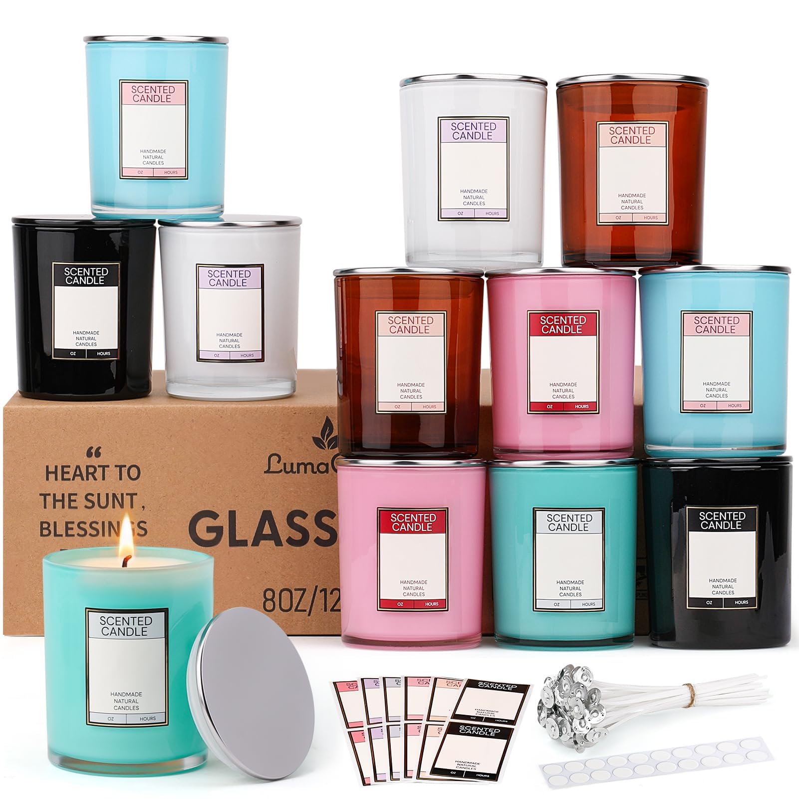 Kerzengläser 12er Set, 250ml Vintage Gläser mit Metalldeckel, inkl. 20 Dochte, 12 Etiketten & Aufkleber, zum Kerzengießen, DIY Geschenk & Deko, Bunt