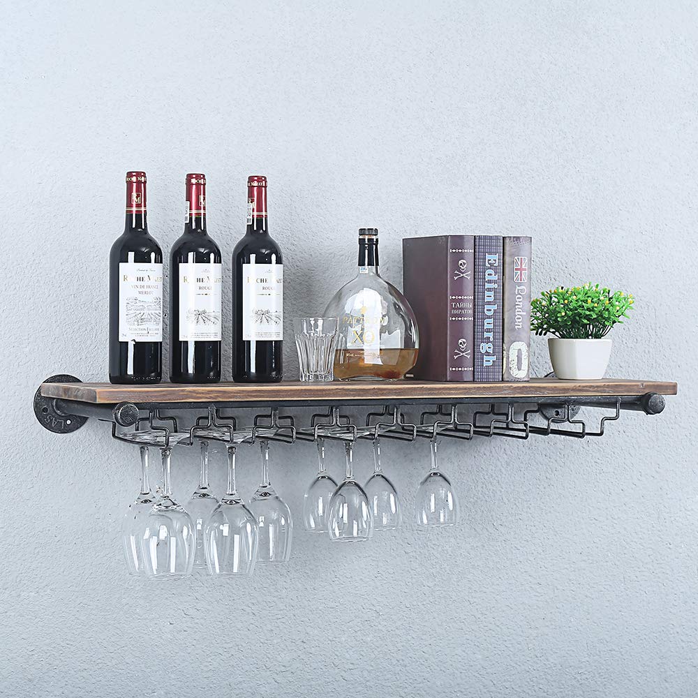 Industrial Pipe Shelving Hanging Stemware Racks,Rustic Wall Mounted