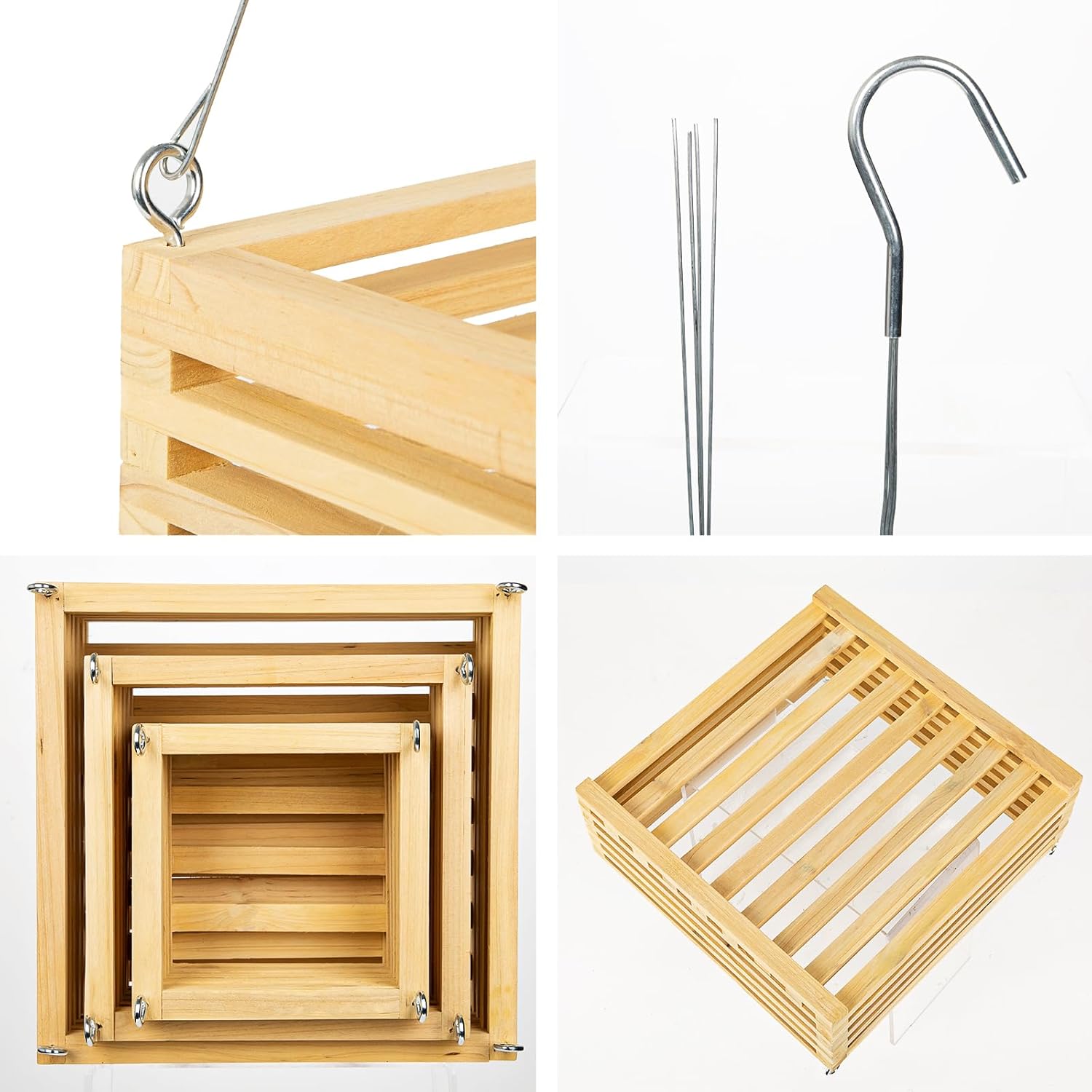 Wooden Orchid Baskets with Hangers for Ferns & Vandas, 6", 8" & 10" Square Wood Hanging Planter Set for Patio, Balcony Decor, Garden Flower Pots for Indoor Outdoor Plants, 3 Pack