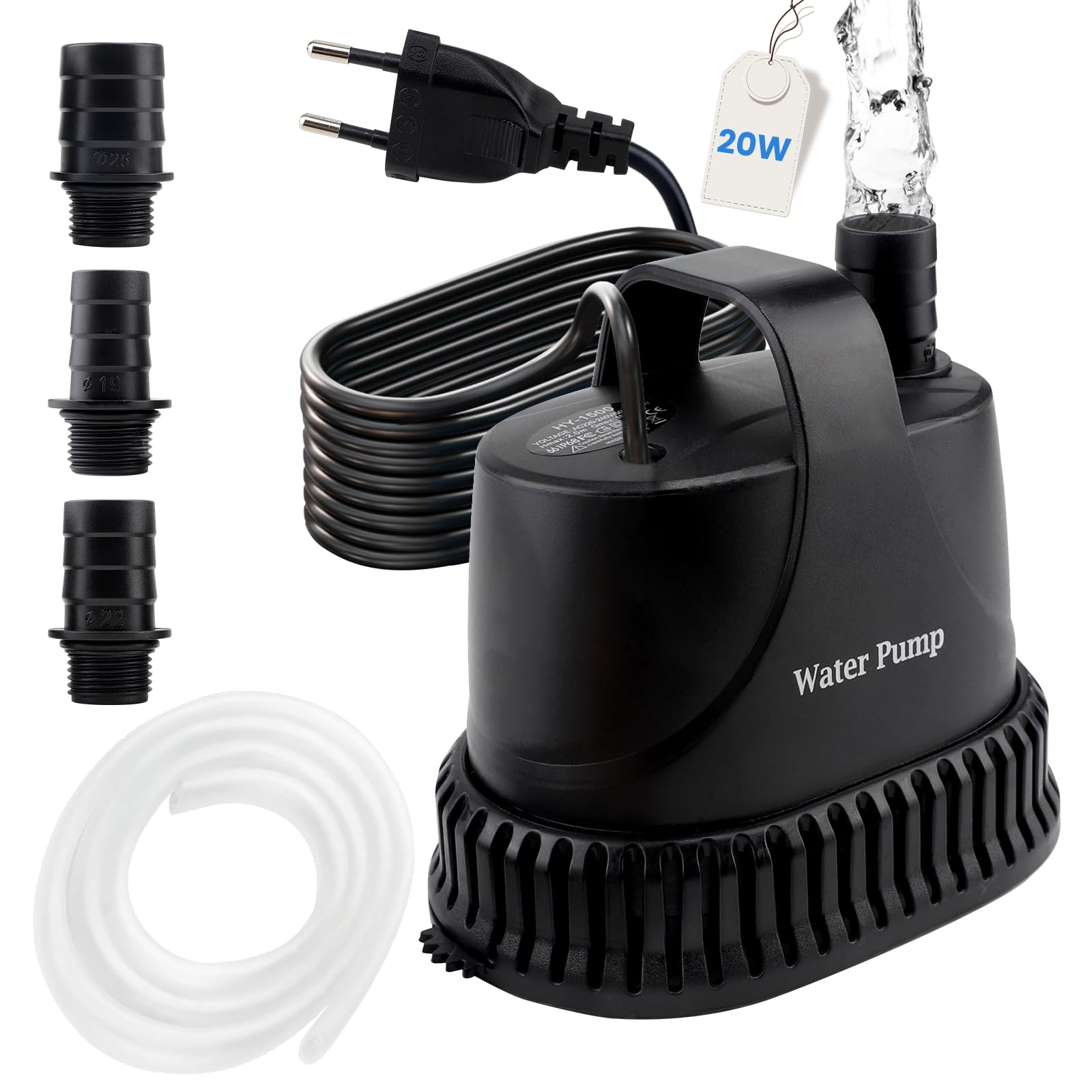 EXLECO Zatapialna pompa do brudnej wody, 1200 l/h, 20 W, 220 V, mała pompa wodna, fontanna, ciśnienie wody do basenu, stawu, ogrodu, kabel 2 m, 1 wąż 2 dysze