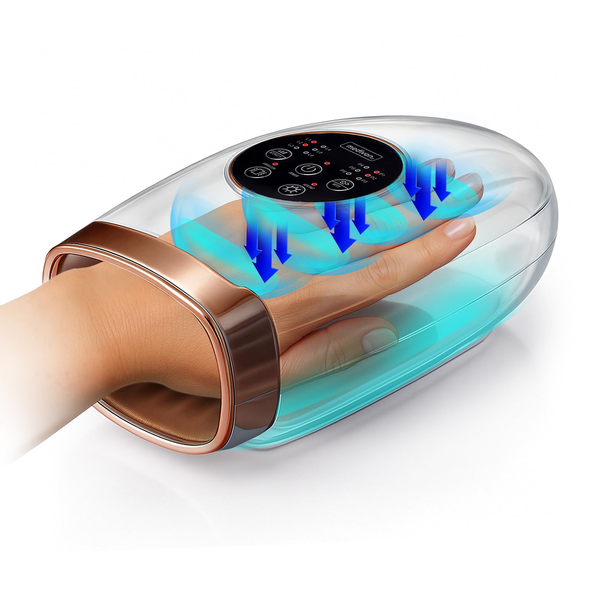 Medivon Massaggiatore manuale e massaggiatore per polso, agopressione, 6 programmi, 6 massaggi, funzione di riscaldamento senza fili, batteria integrata