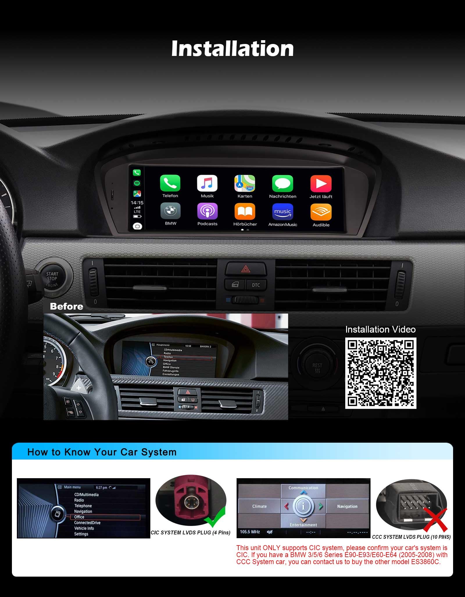 Erisin 8,8 Pouces 8 Core 4+64 Go Android 14 Autoradio GPS stéréo de Voiture pour série 3 E90 E91 E92 E93 Série 5 E60 E61 E63 E64 Carplay Android Auto DSP IPS 4G WiFi Dab+ - Système CIC