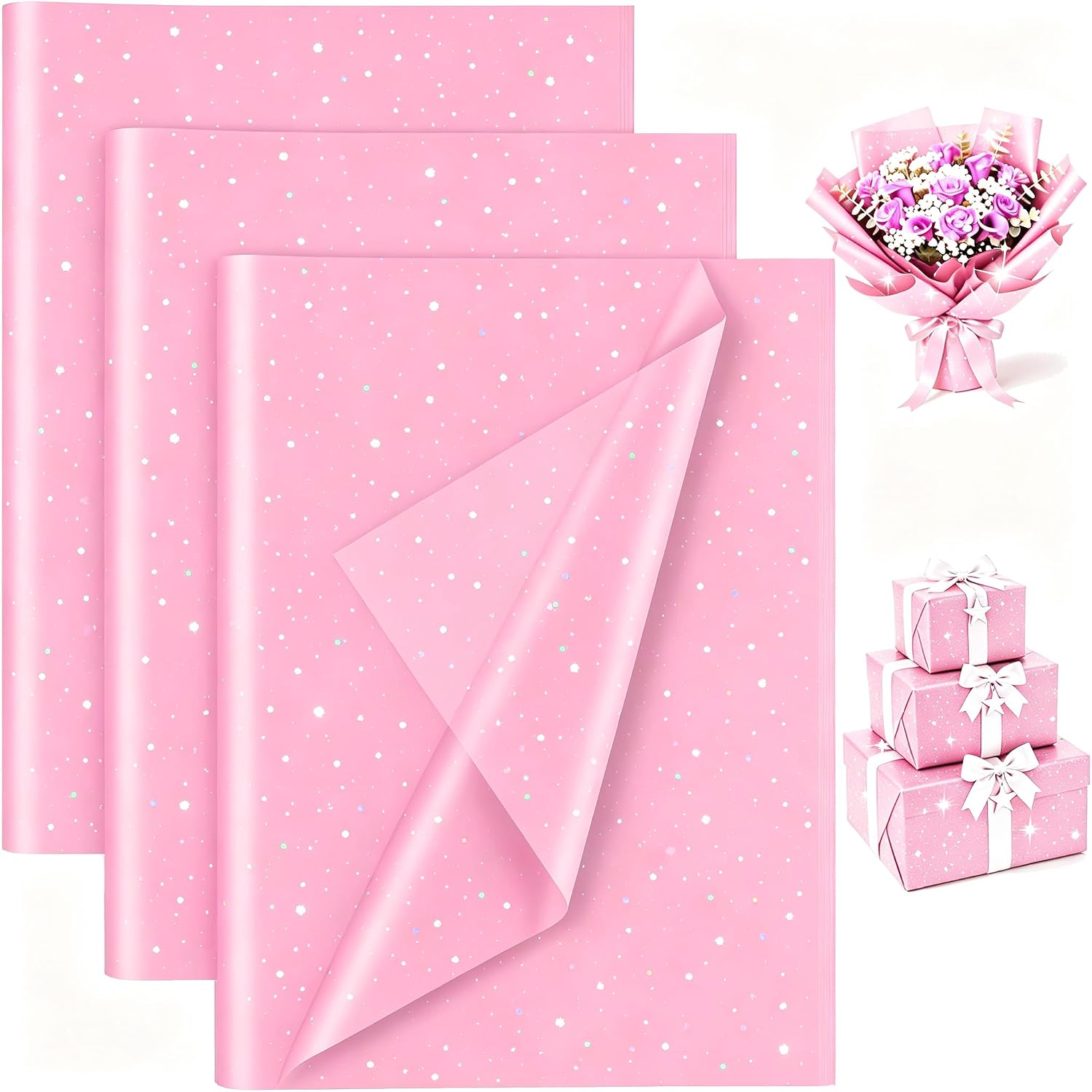 Pink Glitter Tissue Paper for Gift Bags 20x20 Inch - 30 Sheets Recyclable Wrapping Tissue Paper Bulk for DIY Crafts Birthday Baby Shower Festival Holidays Decorative