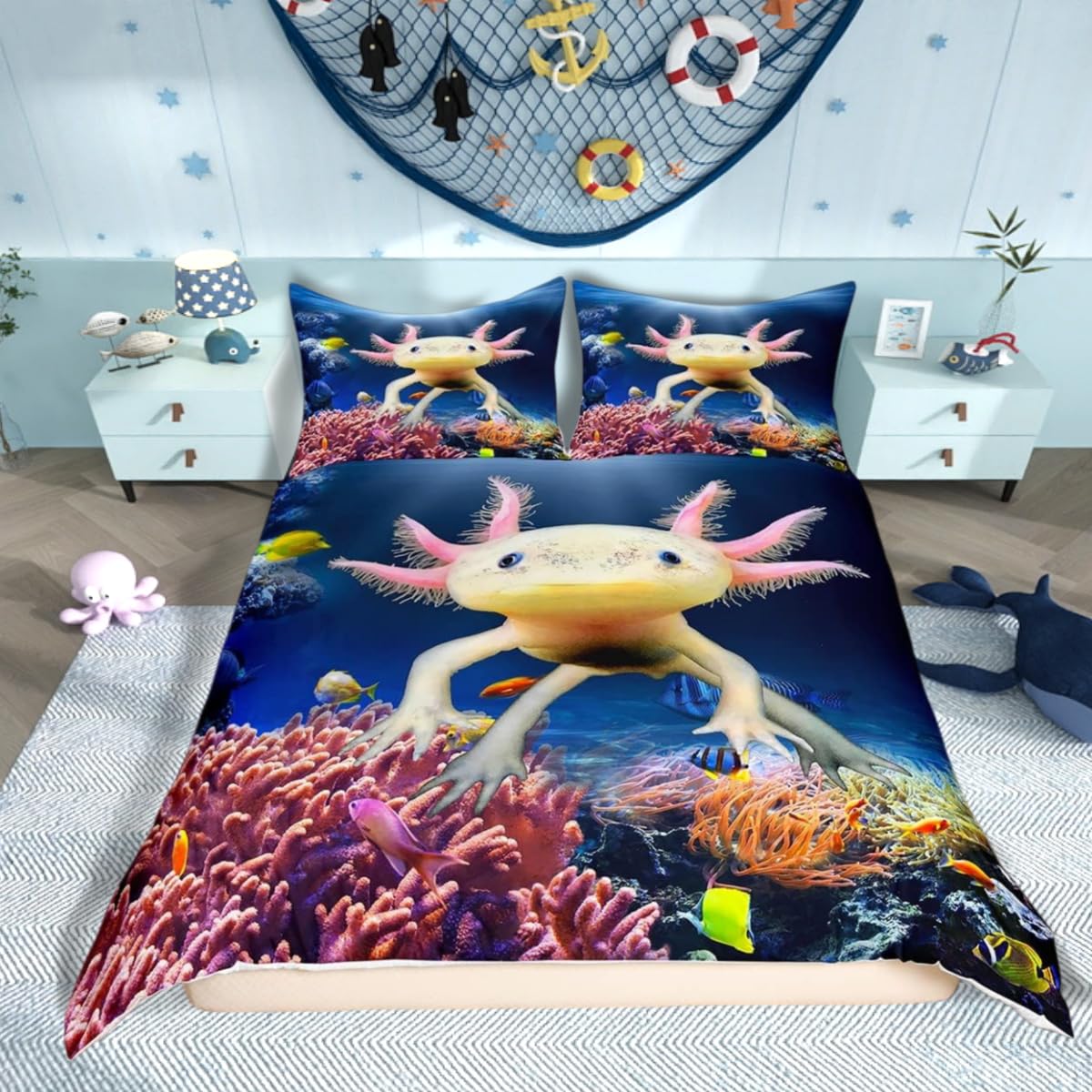 Manfei Cute Axolotl Duvet Cover Set Double Size,Coral Fish Marine Life Bedding Set 3 pcs,Cartoon Animal Sealife Quilt Cover for Kids Boys Teens Room Decor,2 Pillowcases,No Comforter โ image 1