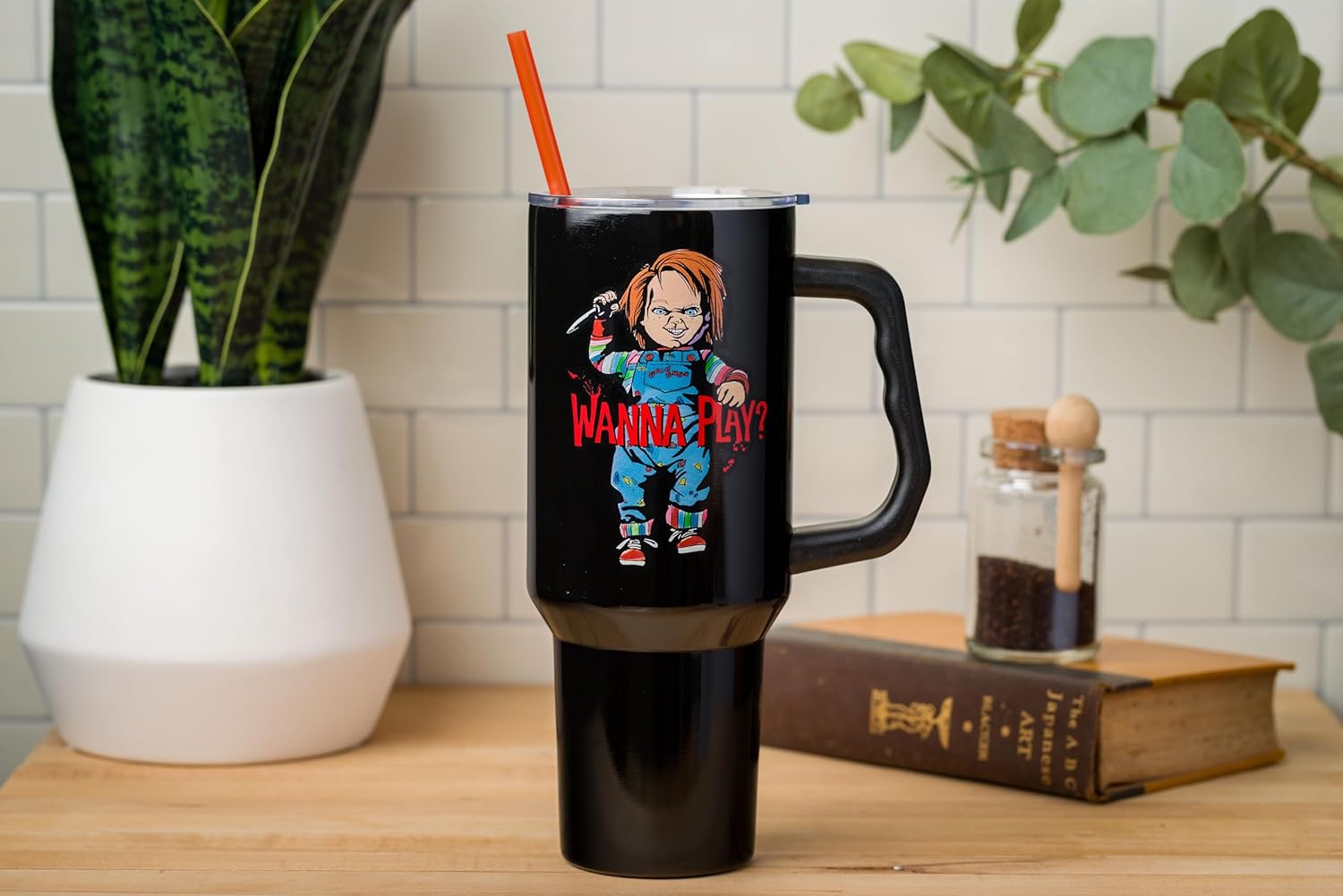 Silver Buffalo Chucky Holding Knife Wanna Play Spooky Scary Double Walled Stainless Steel Tumbler with Handle and Straw, Fits in Standard Cup Holder, 40 Ounces - Image 8